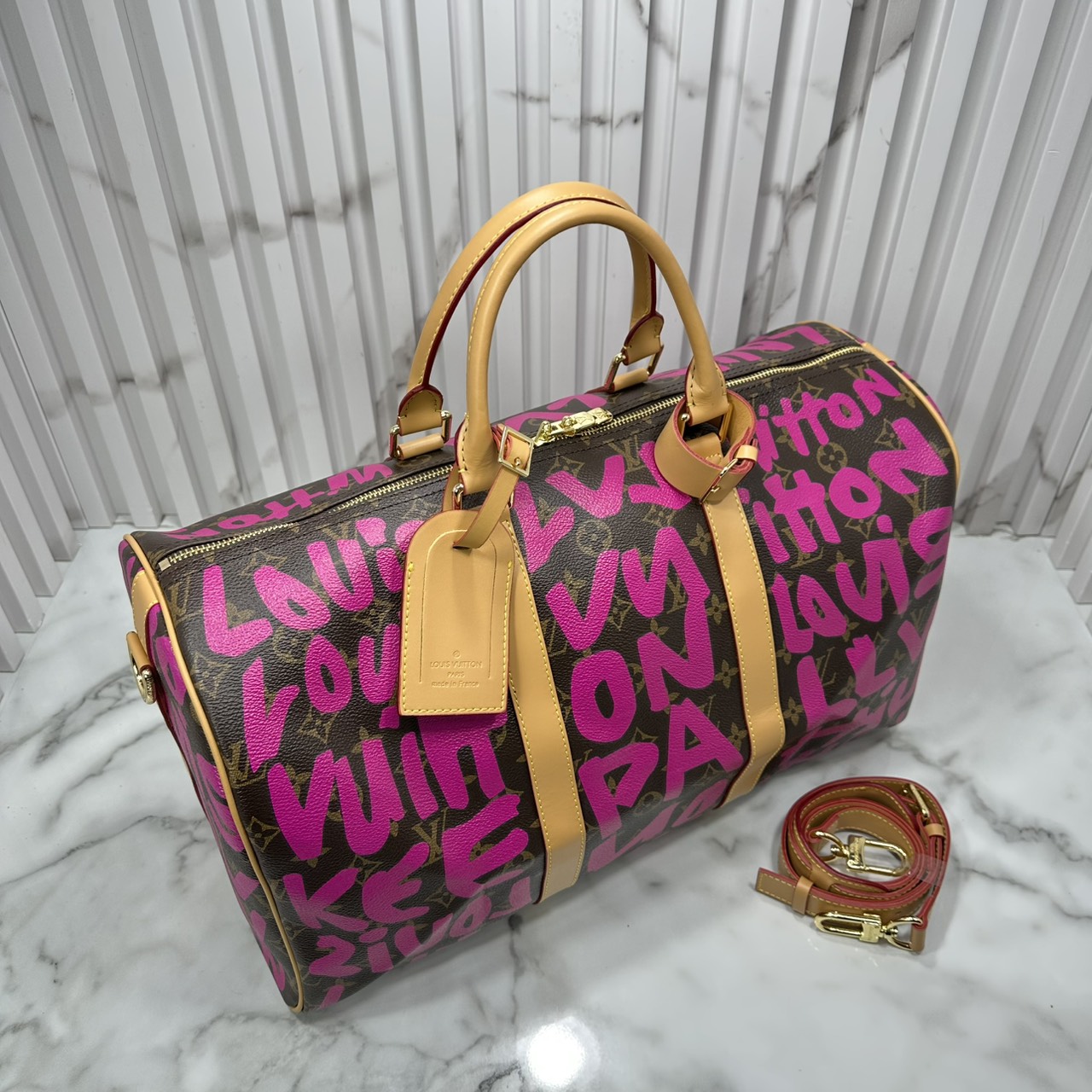 ORI หนังแท้ | LV Stephen Sprouse Graffiti Keepall 42cm กระเป๋าสะพายทรงคีฟออลใบใหญ่ ลวดลายตัวอักษรกราฟฟิกเต็มใบ