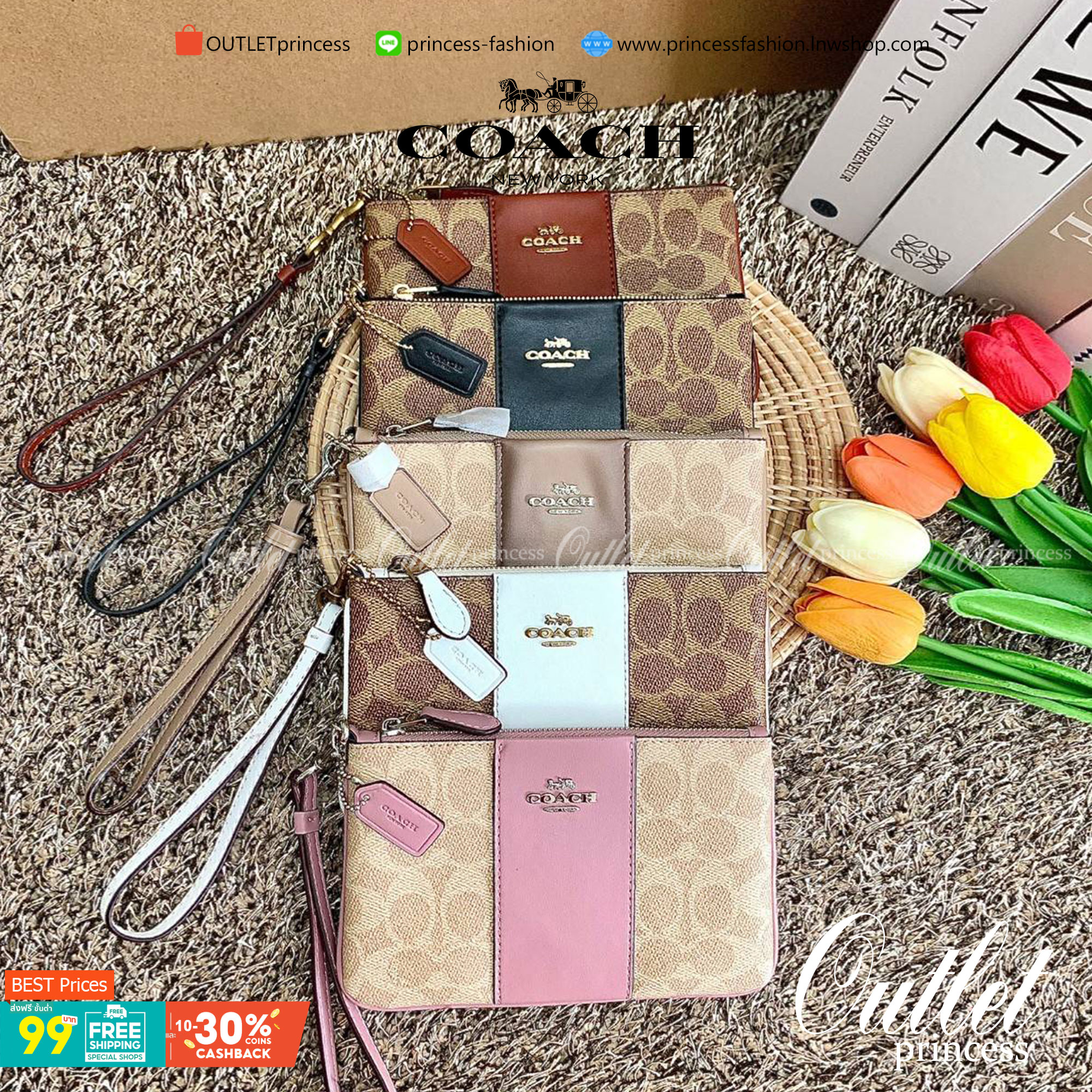 COACH SMALL WRISTLET IN COLORBLOCK SIGNATURE ((32445)) ✔️กระเป๋าคล้องมือ วัสดหนัง pvc อย่างดี ลายซิกเนเจอร์ ตัดขอบสีตรงกลางสวยงามมากๆค่ะ แบบซิปเดียว ((ภายในใส่มือถือได้บางรุ่นค่ะ)) มีช่องเสียบบัตรให้2ช่องด้วยนะคะ