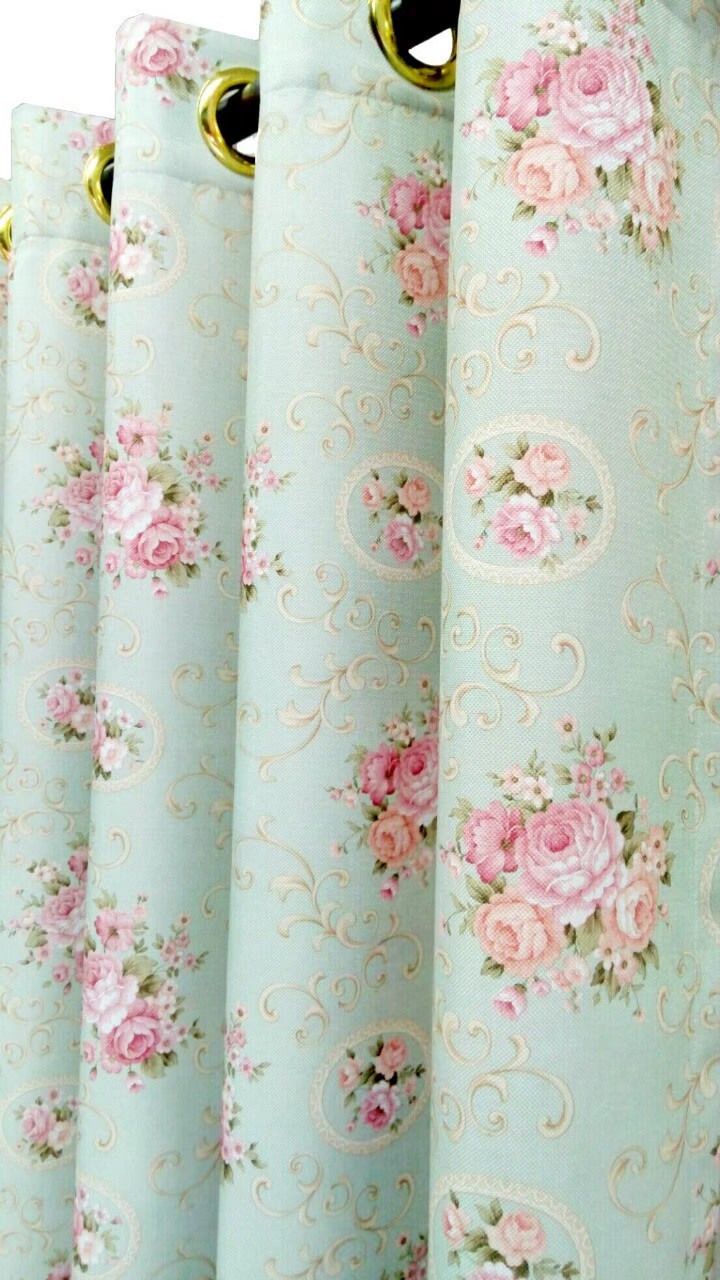 ผ้าม่านก.130*ส.255ซม./ผืน รุ่นวินเทจ สีฟ้าอมเขียว(แถมสายรวบผ้าม่าน)
