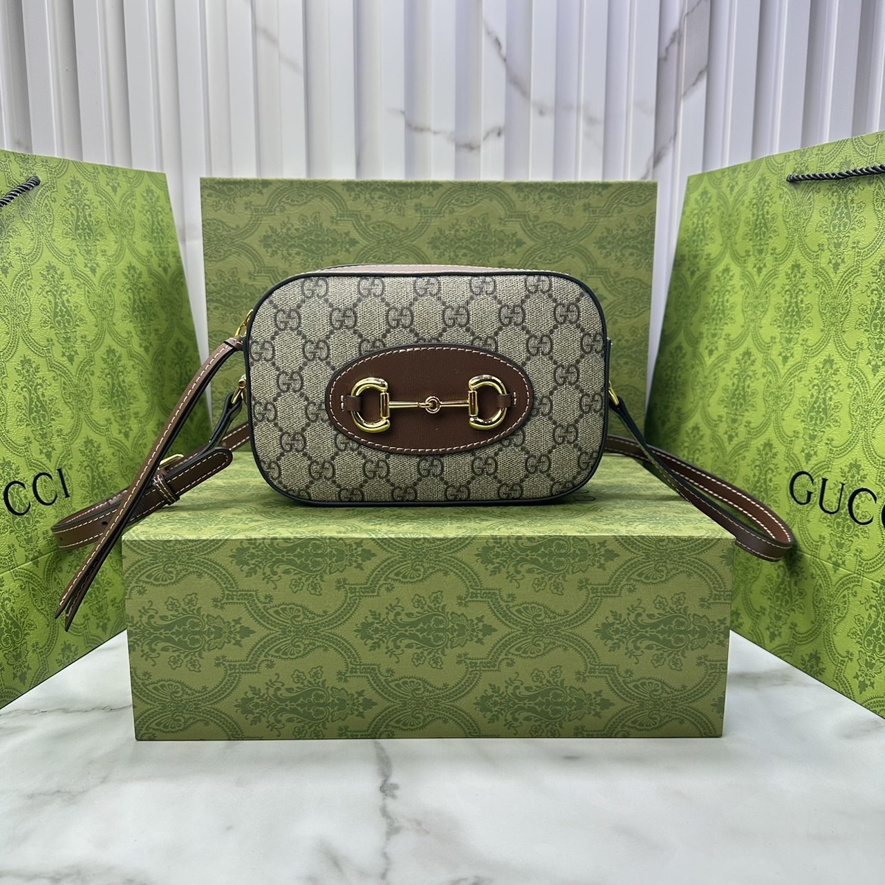 GUCCI HORSEBIT 1955 SMALL SHOULDER BAG Leather Gold-toned กระเป๋าสะพาย เกรดออริ สลับแท้ 1:1 ใช้งานต่างประเทศได้