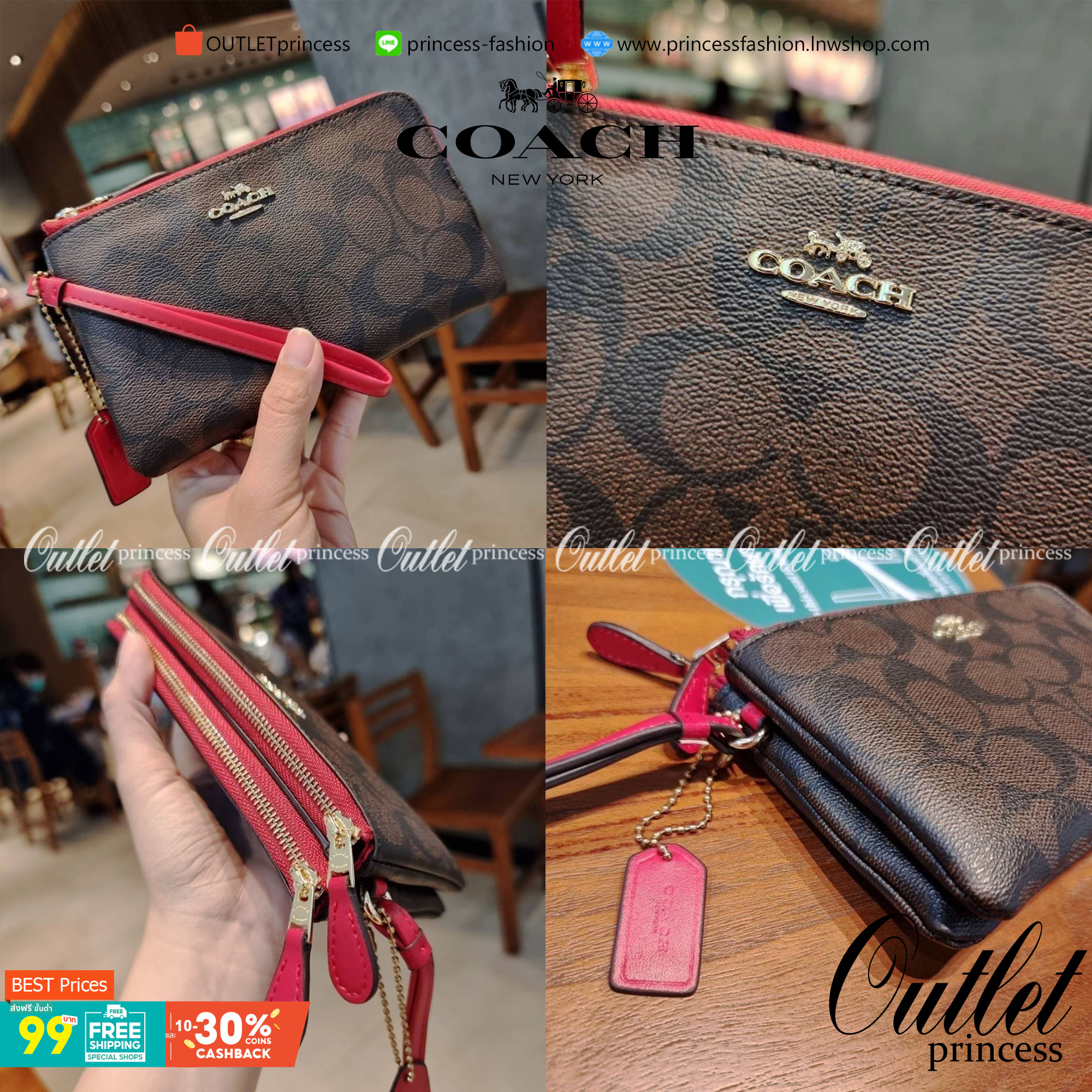 COACH F87591 DOUBLE CORNER ZIP WALLET IN SIGNATURE COATED CANVAS คล้องมือรุ่น 2 ซิป!! มาแล้วจ้า 🌟🤗 ไซส์นี้คือเหมาะมือจริงๆ พกง่ายเช่นเคย ไม่ต้องกังวลว่าจะเกะกะหรือกินพื้นที่กระเป๋าหลัก วัสดุหนังแคนวาสเคลือบลาย มีช่องหลักแยก 2 ช่อง ภายในบุผ