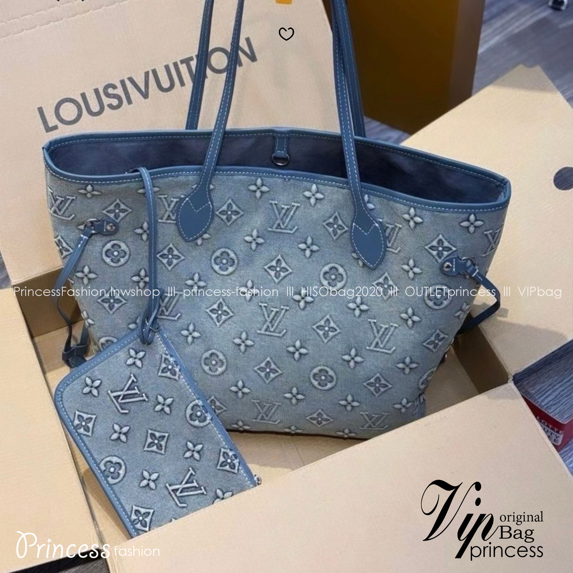 LV Neverfull Denim Tote Bag กระเป๋าสะพายทรงโท้ทเดนิมลายโมโนแกรมปั้มนูนคมชัดสวยหรูลัคชู ลวดลายเอกลักษณ์สวยโดดเด่น พร้อมใบเล็กเข้าชุด