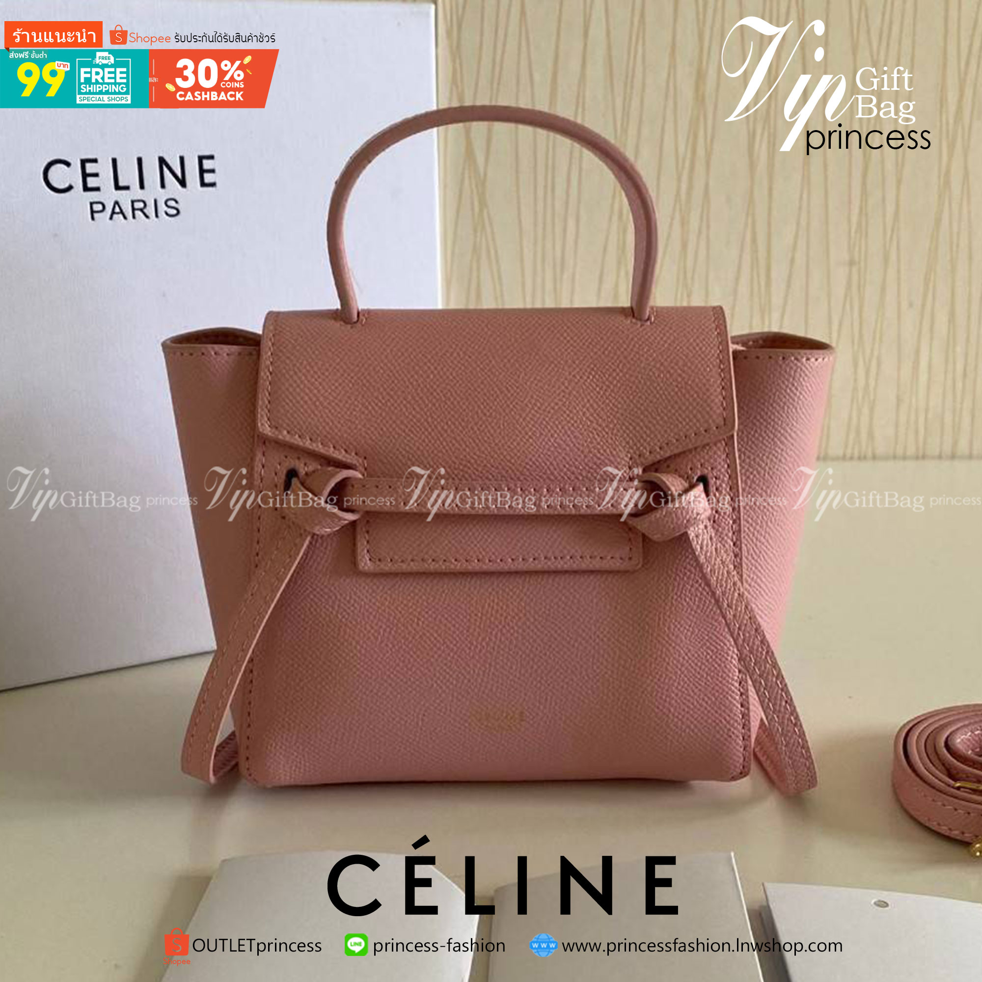 พรีเมี่ยมกิ๊ฟแท้ 100% 】รุ่นหนังแท้ CELINE PICO BELT BAG IN GRAINED CALFSKINAMAZONE ขนาดมินิ น่ารักสุดๆ PINK