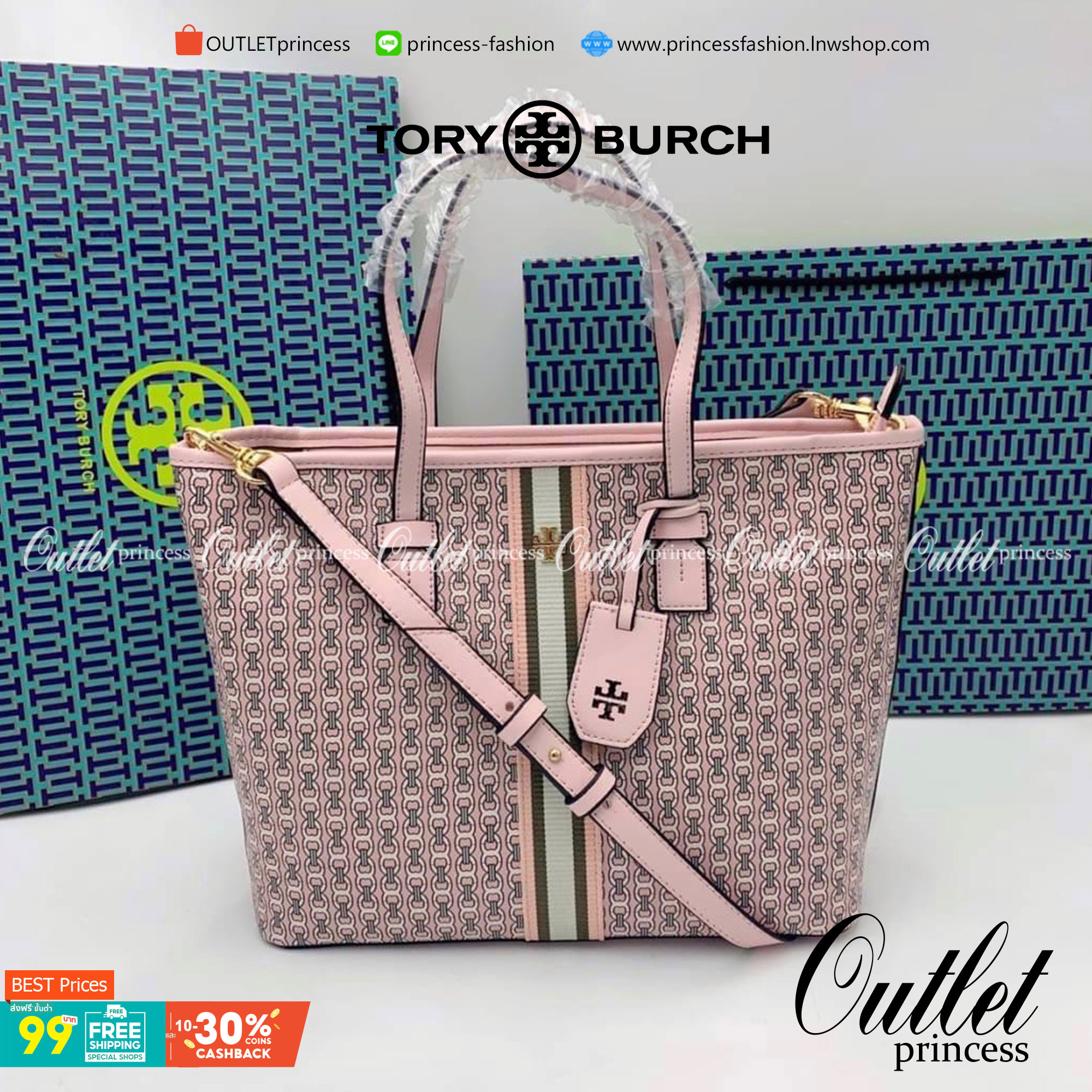 TORY BURCH TOTE BAG กระเป๋าสะพายไหล่ทรงชอปปิ้ง รุ่นขายดีอันดับ1 ของแบรนด์นี้นะคะ ทรงคลาสสิค ฮิตตลอดกาล ทรงสวยขนาดกำลังดี ตัวกระเป๋า วัสดุหนัง Pu ด้านหน้าติดโลโก้แบรนด์ /ประดับด้วยพวงกุญแจหนัง ตัดแถบแนวเส้นตรงวัสดุผ้าแคนวาส เปิดปิดด้วยซิปรูด ภายในช่องหลัก 