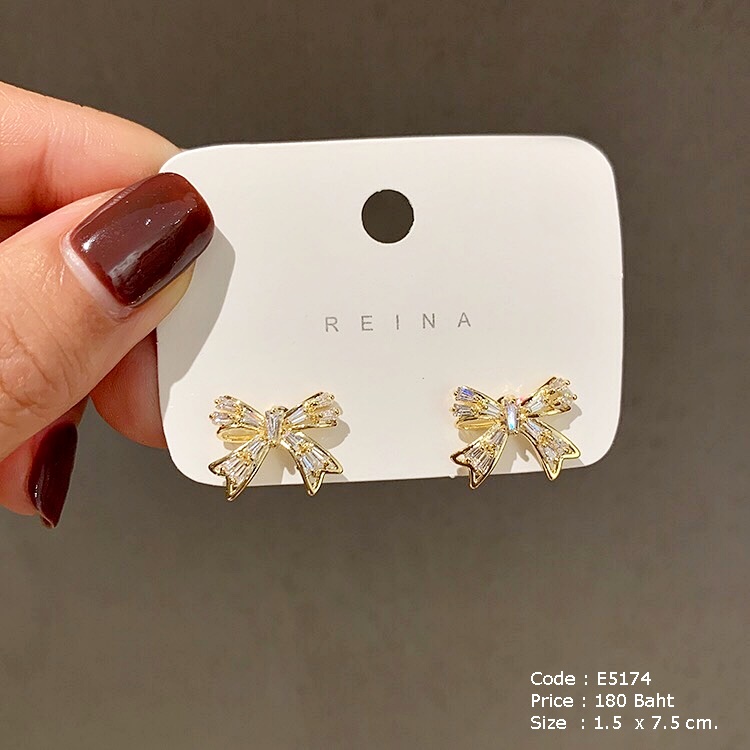 ต่างหูโบว์สีทองฝังเพชร cz ห้อยโซ่ยาว แยกใส่เฉพาะโบว์ได้