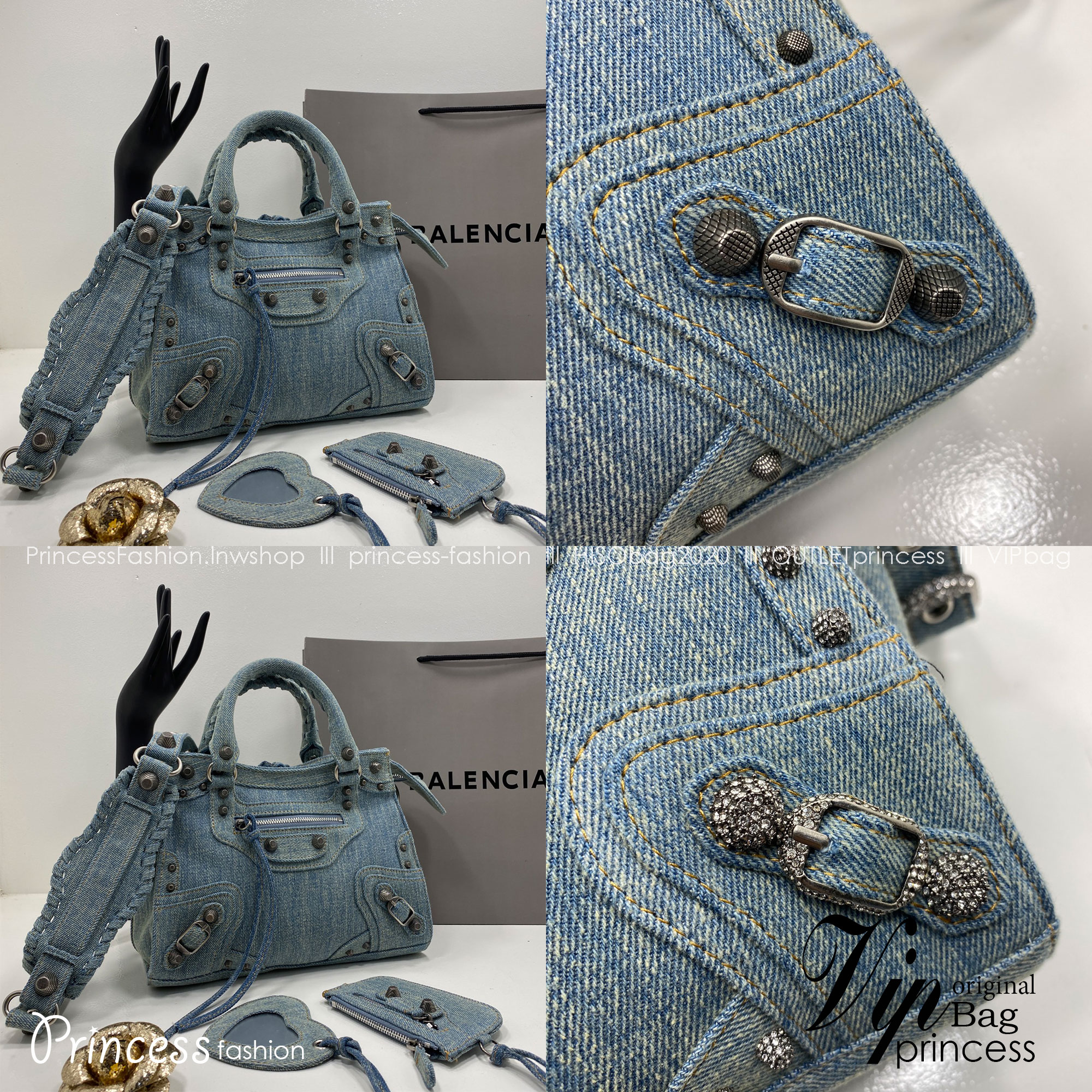 Balenciaga NEO CAGOLE XS HANDBAG DENIM IN BLUE aged-silver hardware with rhinestones กระเป๋าสะพายเดนิม สวยเท่ ประดับหมุดเพชร เกรดออริ 1:1 สลับแท้ ใช้งานต่างประเทศได้