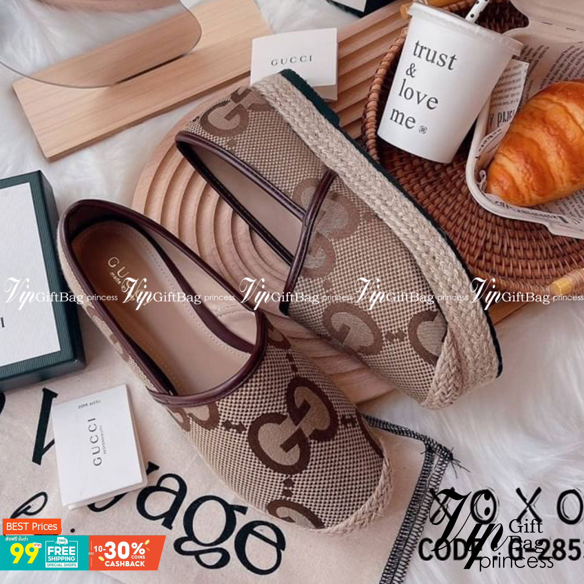 Gucci แบบใหม่ เพิ่งมาค่ะ (ส้นสูง1 นิ้ว) GG jumbo ปอเตัวใหม่ล่าสุดค่ะ ลาย GG ใหญ่ ผ้าทอ เหมือนแท้ ปั้มแบรนด์ หน้ากว้าง ใส่สบาย แมทส์ชุดง่าย น้ำหนักเบา