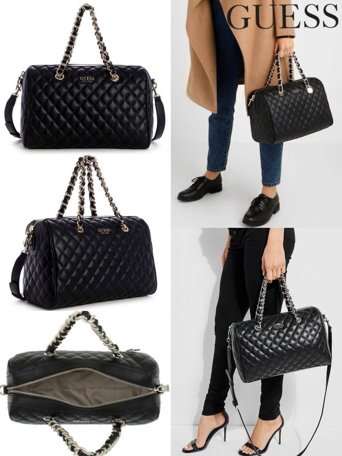 GUESS WOMEN’S BOWLING BAG กระเป๋าสะพายทรง Bowling รุ่นใหม่ล่าสุดจาก GUESS FACTORY หนังนิ่มลายตารางสวยอยู่ทรงใบใหญ่กำลังดี ด้านหน้าประดับโลโก้หูหิ้วโซ่ร้อยหนังสะพายไหล่ได้เเข็งแรงรับน้ำหนักได้เยอะ เปิดปิดด้วยซิปสะดวกใช้ มีหมุดรองฐานกันรอย ภายในมีช่องซิปและ