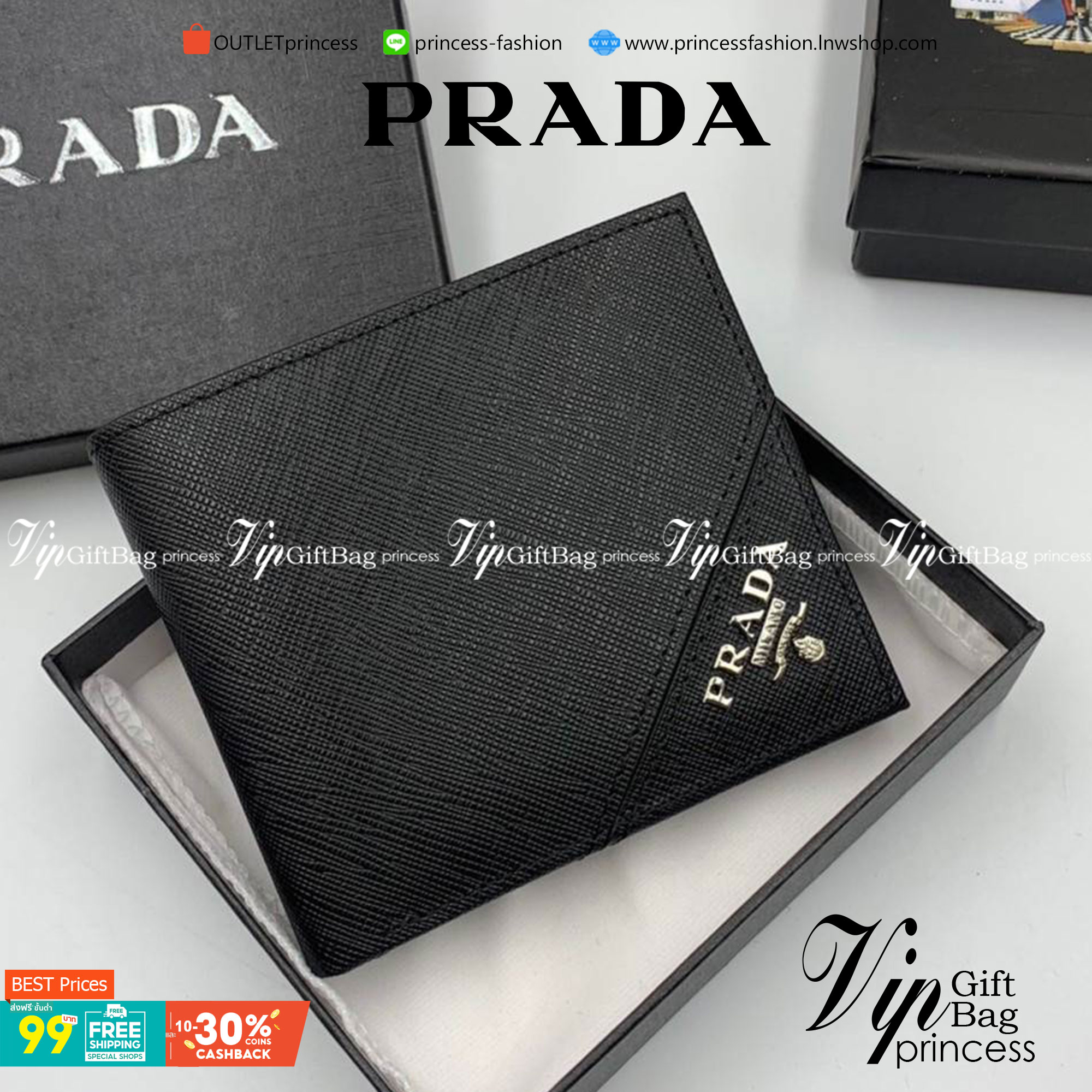 VIP หนังแท้ 】PRADA Saffiano Bifold Wallet logo plaque bi-fold men wallet