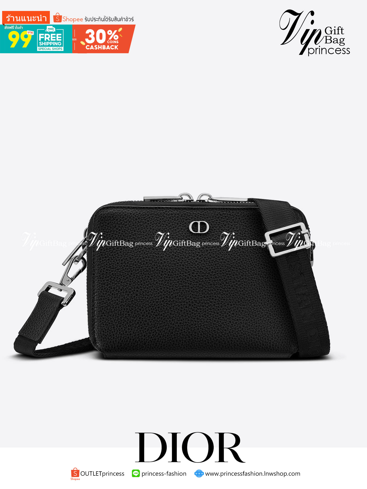 หนังแท้ CHRISTIAN DIOR BLACK GRAINED CALFSKIN POUCH WITH SHOULDER STRAP BAG พร้อมส่งที่ไทย เกรดออริจินอลหนังแท้ทั้งใบ ภาพสินค้าถ่ายจากงานขายจริง ใช้งานต่างประเทศได้