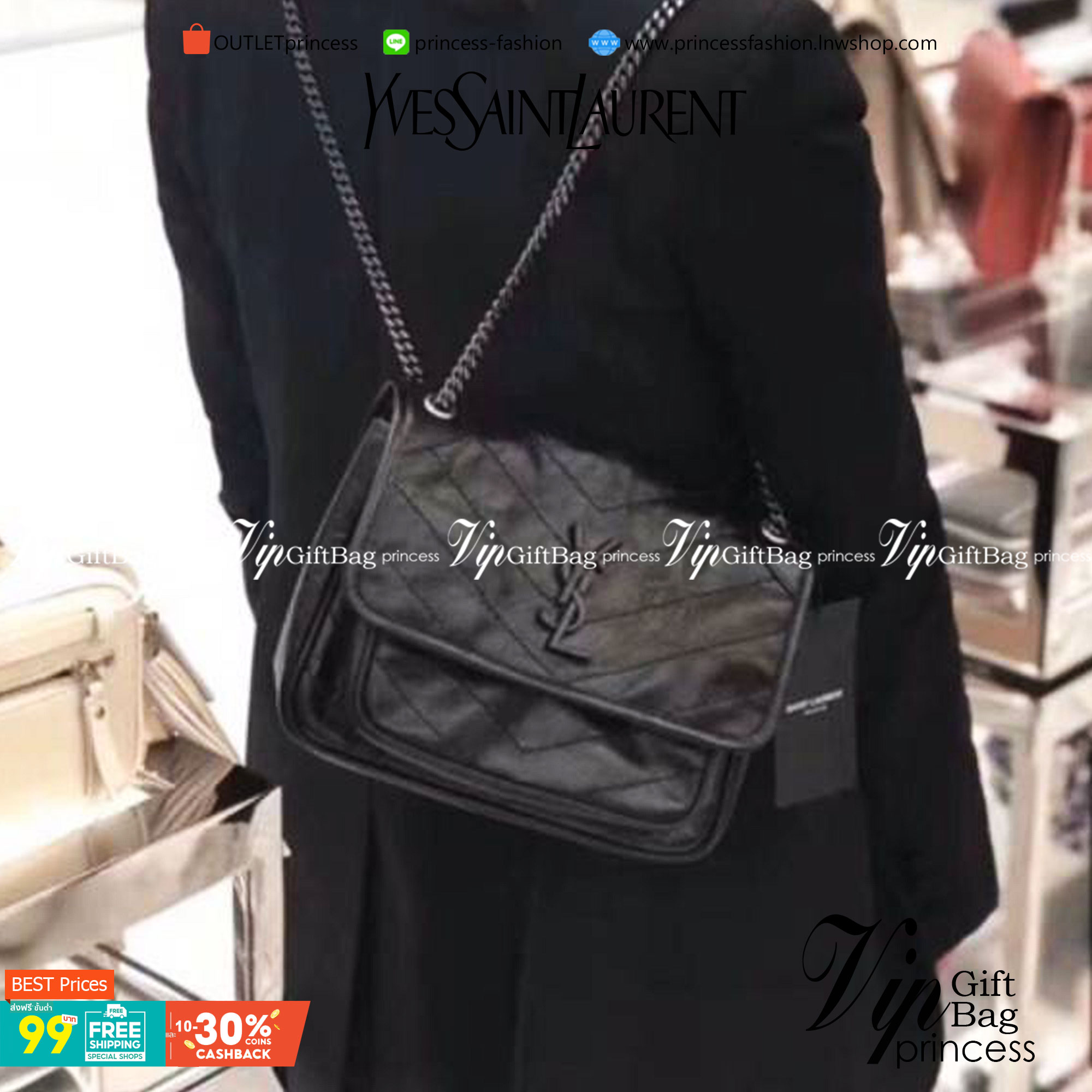 VIP 】Saint Laurent Niki shoulder bag VIP GIFT WITH PURCHASE (GWP) พรีเมี่ยมกิ้ฟ Limited Edition จาก YSL DUTY FREE COUNTER กระเป๋าสะพายรุ่น Niki จาก Saint Laurent โดดเด่นด้วยโครงสร้างทำจากหนังวัว หนังมันเงา นิ่ม งานสวยมากๆ ค่ะ อะไหล่สีดำ ด้านหน้าประดับโลโก