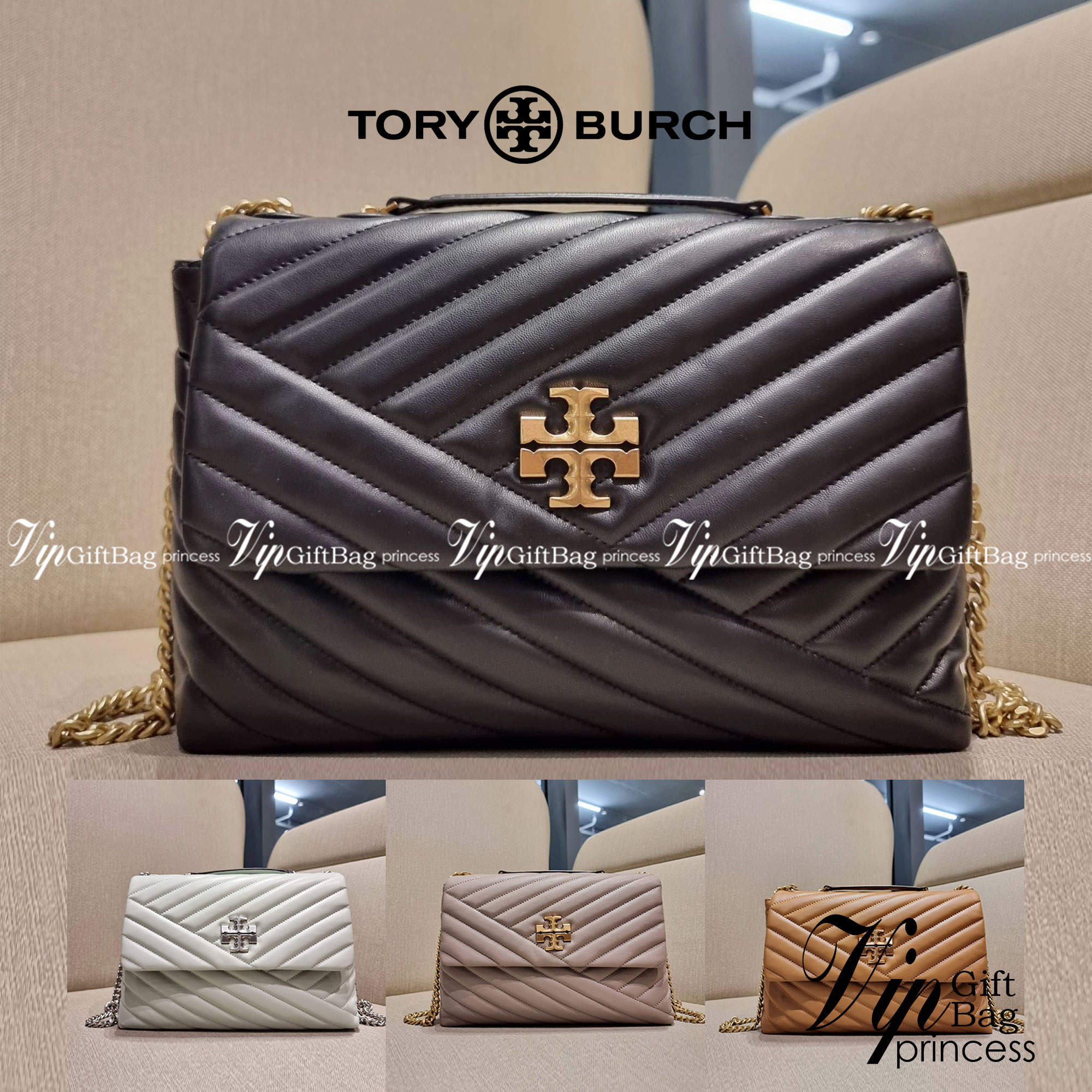 TORY BURCH KIRA CHEVRON CONVERTIBLE SHOULDER BAG กระเป๋าสะพายรุ่นยอดฮิต ไซส์ใหญ่จัดเต็มให้เน้นๆ ใช้ยังไงก็ดูหรู ดีไซน์เฉพาะตัว วัสดุหนังแกะ สัมผัสนิ่ม เปิด-ปิดด้วยกระดุมแม่เหล็ก ภายในเป็นช่องโล่ง แบ่งสัดส่วนไว้ดีมากๆ ใส่กระเป๋าสตางค์ มือถือ เครื่องสำอางค์