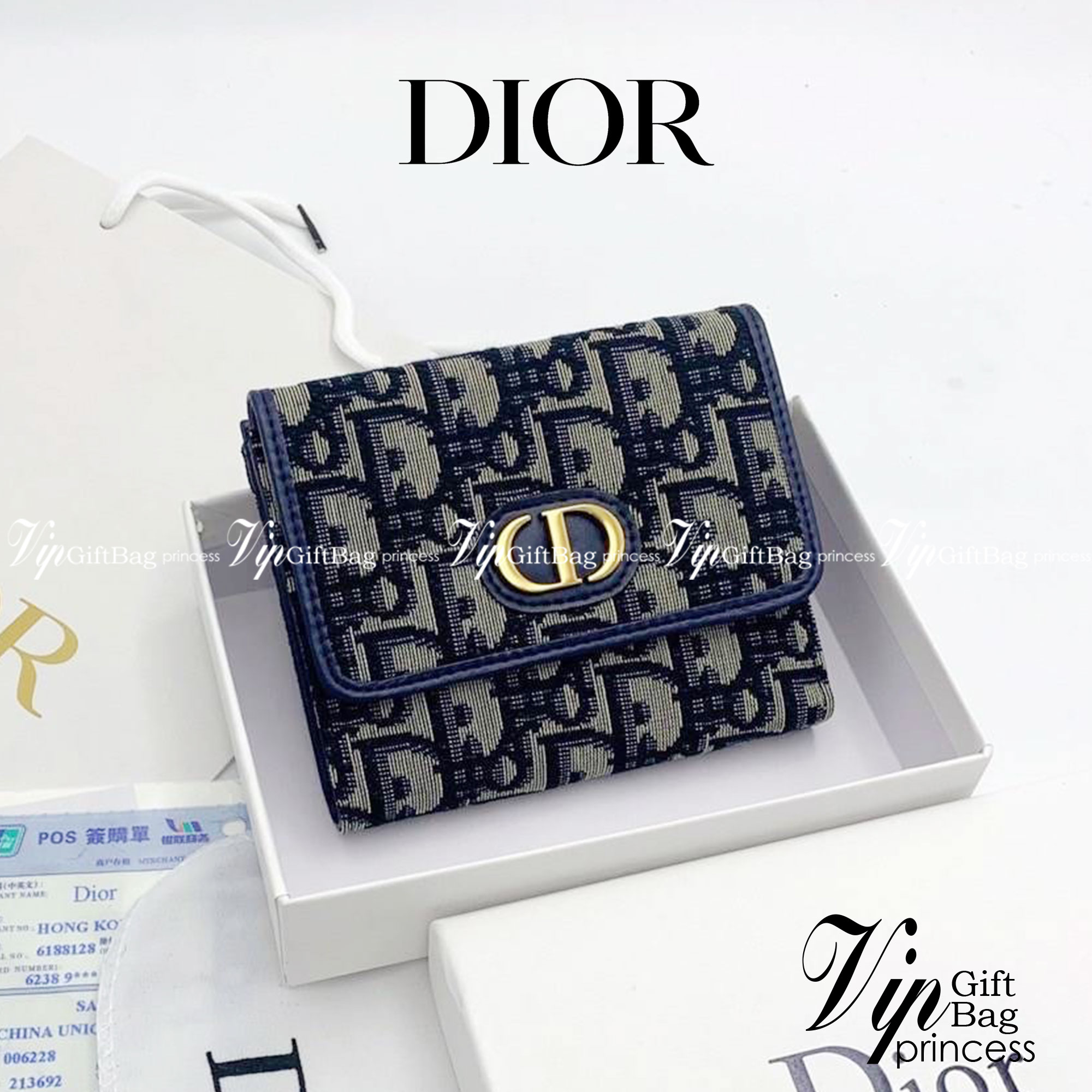DIOR 30 Montaigne Lotus Wallet Blue Dior Oblique Jacquard กระเป๋าสตางค์แบรนด์หรู พร้อมส่งที่ไทย ภาพสินค้าถ่ายจากงานขายจริง ใช้งานต่างประเทศได้