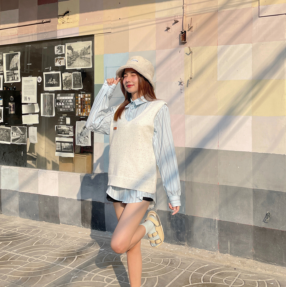 พร้อมส่ง 🍋 Sky ava dress & cardigan เสื้อเชิ้ตตัวยาวลายทาง กั๊กไหมพรมสีสวย (แยกชิ้น) (IN38616)