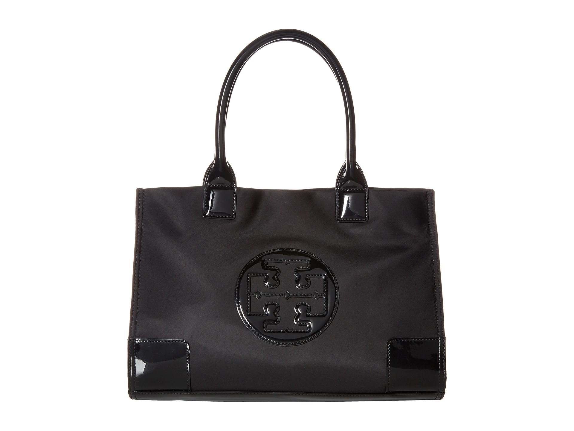 TORY BURCH ELLA PATENT MINI TOTE TOTE BAG กระเป๋าทรง SHOPPING วัสดุ NYLON ทั้งใบตัดด้วยหนังแก้วเงาสีดำ