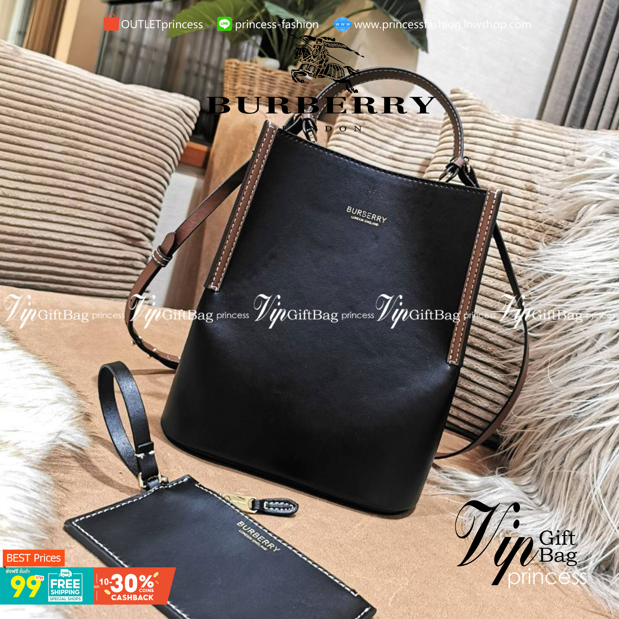 BURBERRY FRAGRANCES BUCKET BAG GIFT WITH PURCHASE พรีเมี่ยมกิ๊ฟ Limited Edition จาก BURBERRY PERFUME วัสดุหนังแท้ CalfSkin สวยหรูอยู่ทรง มาพร้อมกระเป๋าคลัชเล็กเข้าชุดกันสายคล้องสามารถถอดแยกใช้ได้ ภายในโล่งกว้างและจุสามารถใส่กล้อง มือถือ ของใช้ได้เยอะ หูจั