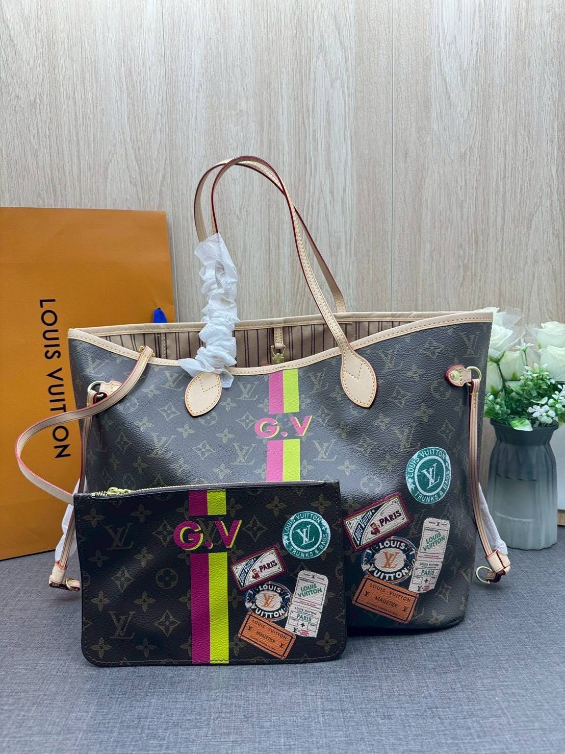 ORI หนังแท้ | LV Neverfull MM Mon Monogram Meridian / LV Tote Bag กระเป๋าสะพายทรงโท้ทใบใหญ่ ลายทางคาดหน้าสไตน์ท่องเที่ยว