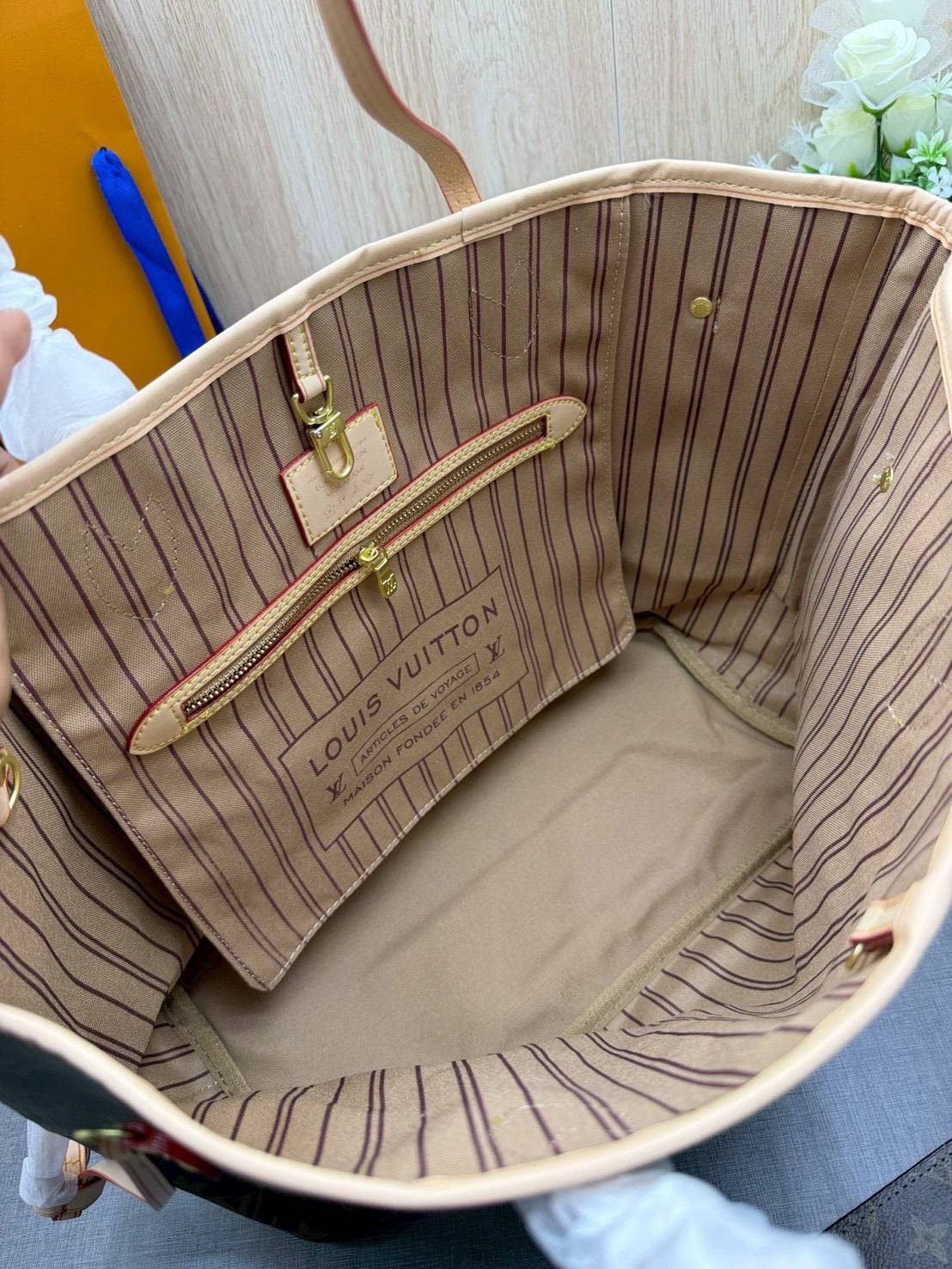 ORI หนังแท้ | LV Neverfull MM Mon Monogram / LV Tote Bag กระเป๋าสะพายทรงโท้ทใบใหญ่ คาดแถบชมพู