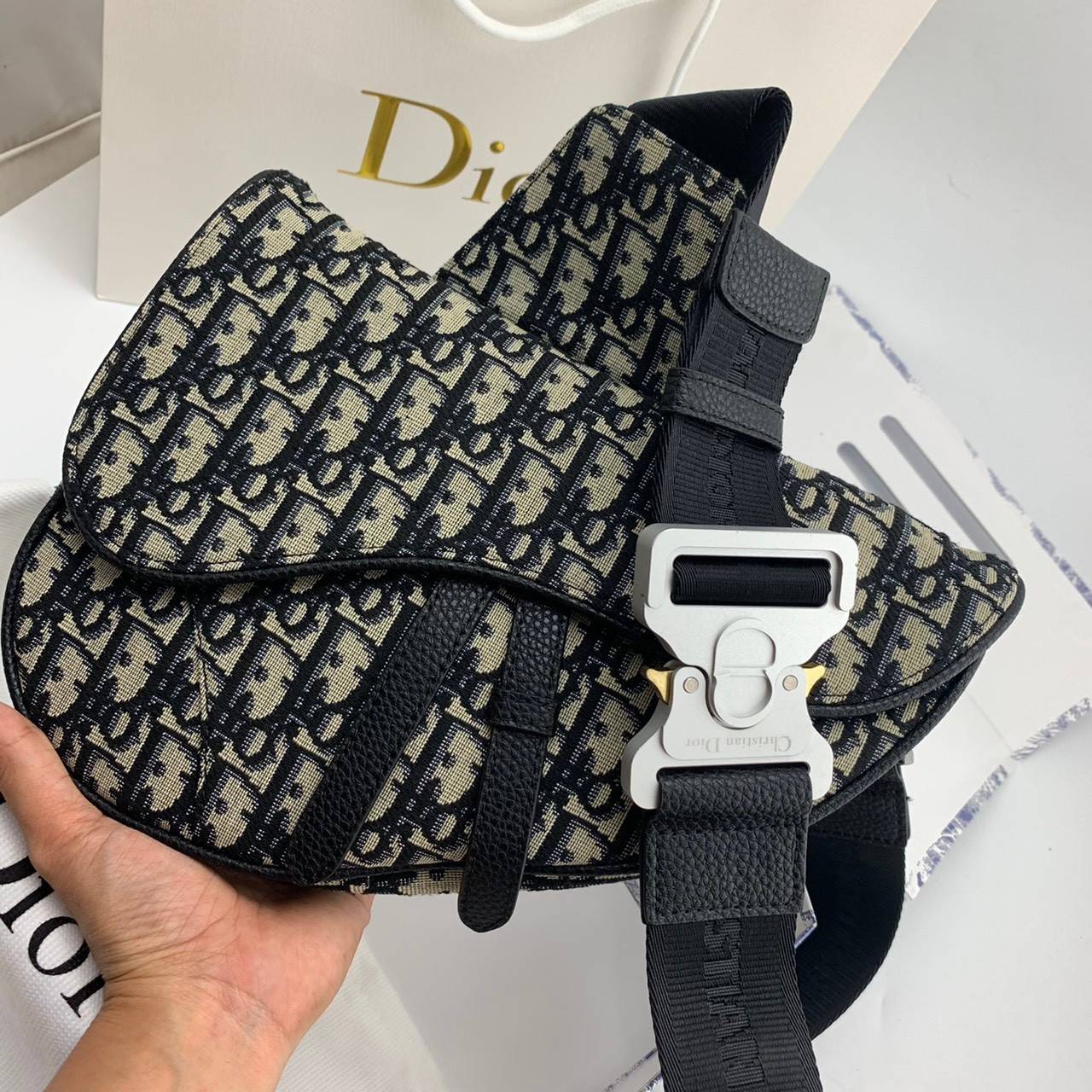 CHRISTIAN DIOR SADDLE BAG Beige and Black Dior Oblique Jacquard