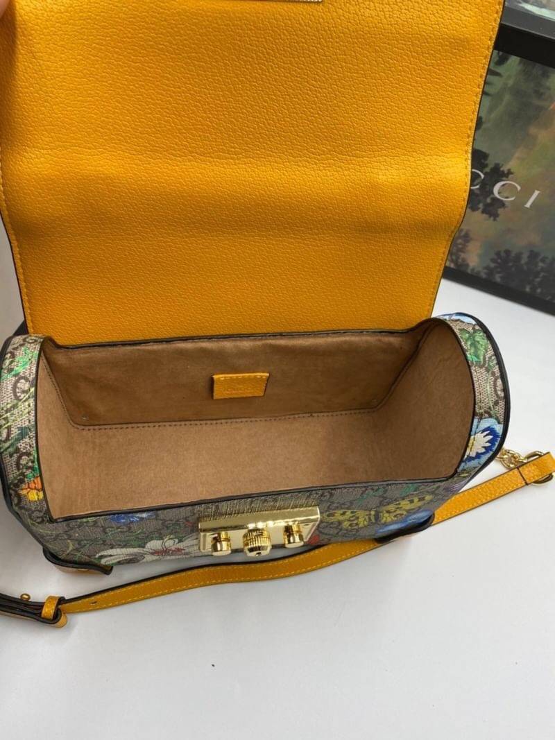 VIP 】หนังแท้ GUCCI MULTICOLOR SMALL GG FLORA BAMBOO PADLOCK BAG พร้อมส่งที่ไทย