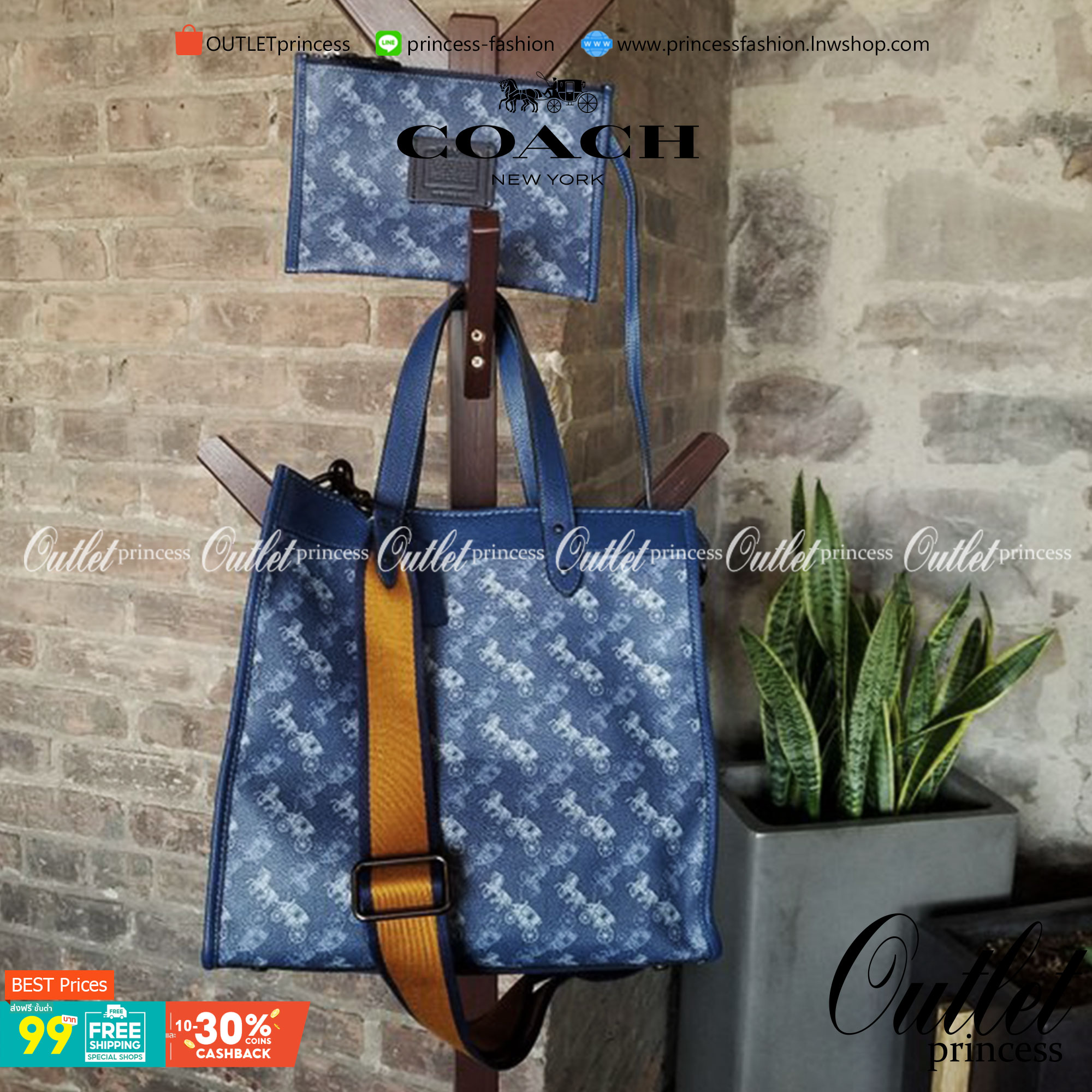 OUTLET 】Coach Field Tote With Horse And Carriage Print พร้อมส่งที่ไทย 89143 Blue True Blue Field Tote