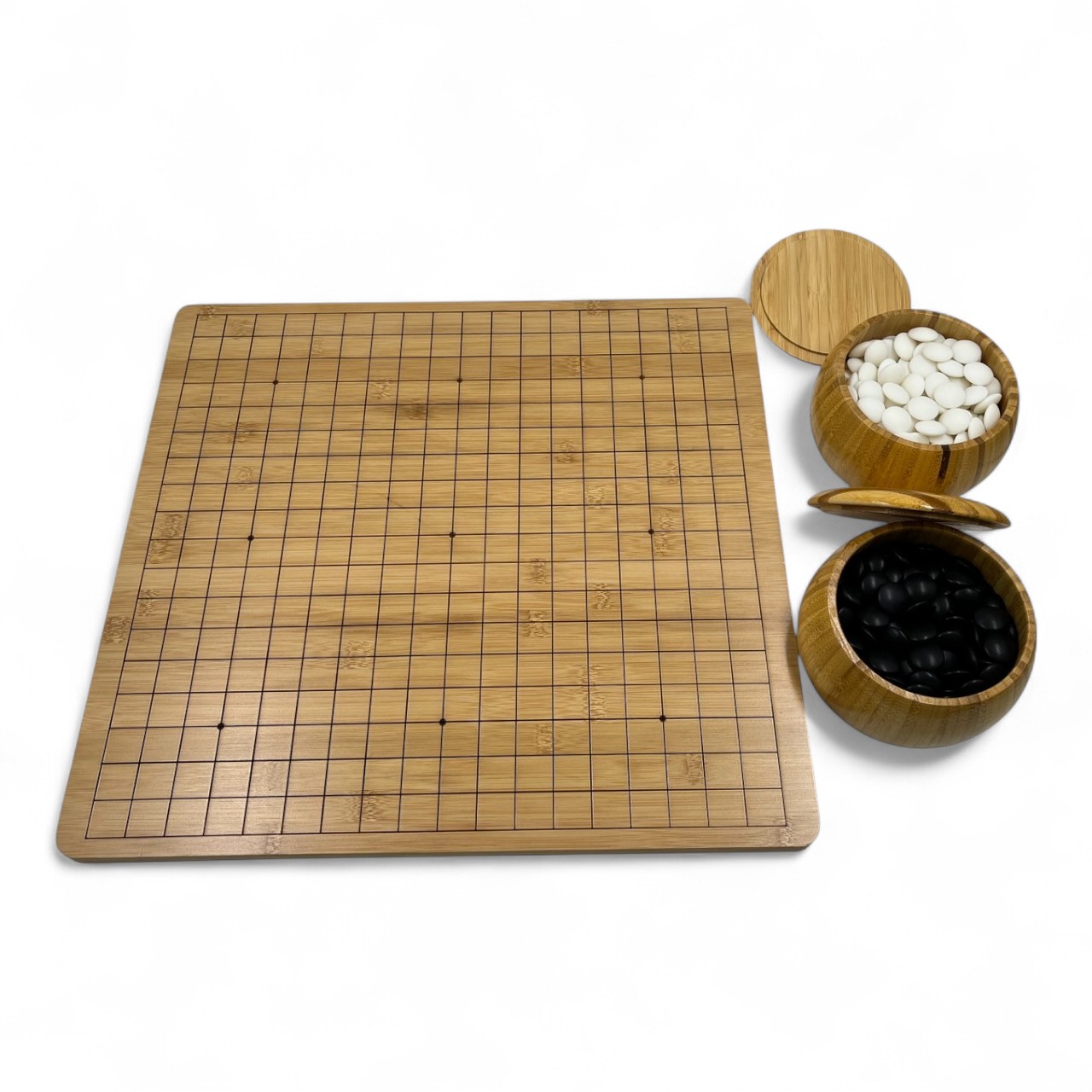 ชุดกระดานหมากล้อมไม้ขอบมนหนา2ซม.กระดาน19x19และ13x13เส้นพร้อมโถไม้Torreyaและเม็ดหมากพลาสติกเมลามีนนูนสองด้าน