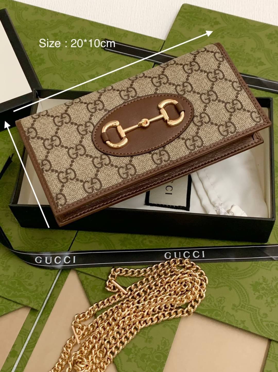 VIP 】GUCCI 1955 Horsebit PRINT GG Unisex Wallet Crossbody With Chain กระเป๋าสตางค์ใบยาวคล้องไหล่หนังแท้ [Box set]