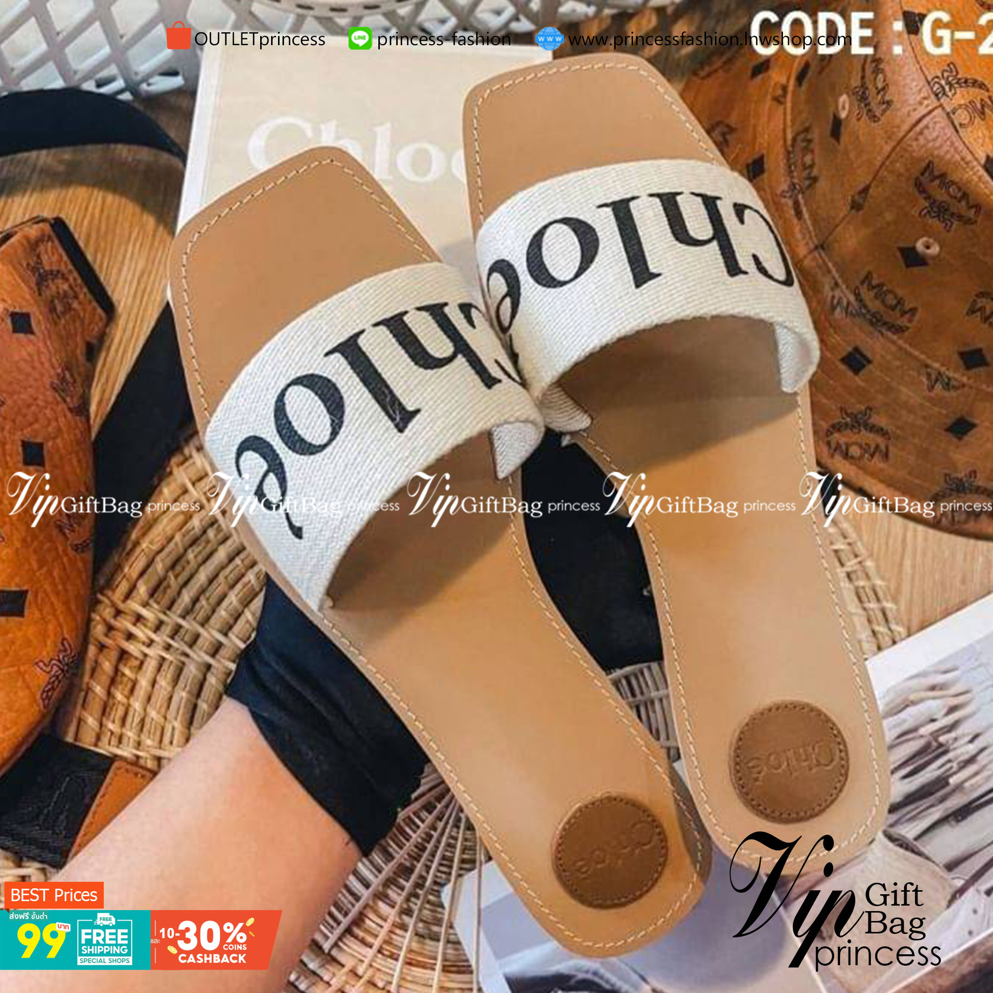 Chloe Sandals แตะสวม เรียบหรู วัสดุผ้าแคนวาส สกรีนแบรนด์ แมทส์ชุดง่าย น้ำหนักเบา