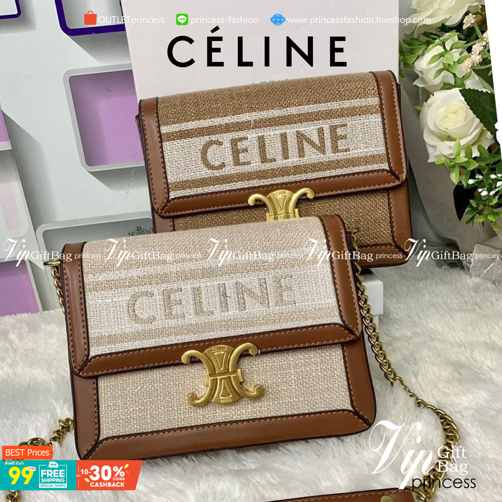 CELINE TRIOMPHE BAG VIP GIFT WITH PURCHASE (GWP) พรีเมี่ยมกิ๊ฟ Limited Edition จาก CELINE PERFUME DUTYFREE COUNTER วัสดุ Textile Canvas & CalfSkin ดีไซน์ทรงสี่เหลี่ยมผืนผ้า อะไหล่ทอง ด้านหน้าปักโลโก้แบรนด์เด่นชัด ด้านหลังมีช่องสำหรับใส่ของอีก 1 ช่อง สายสะ