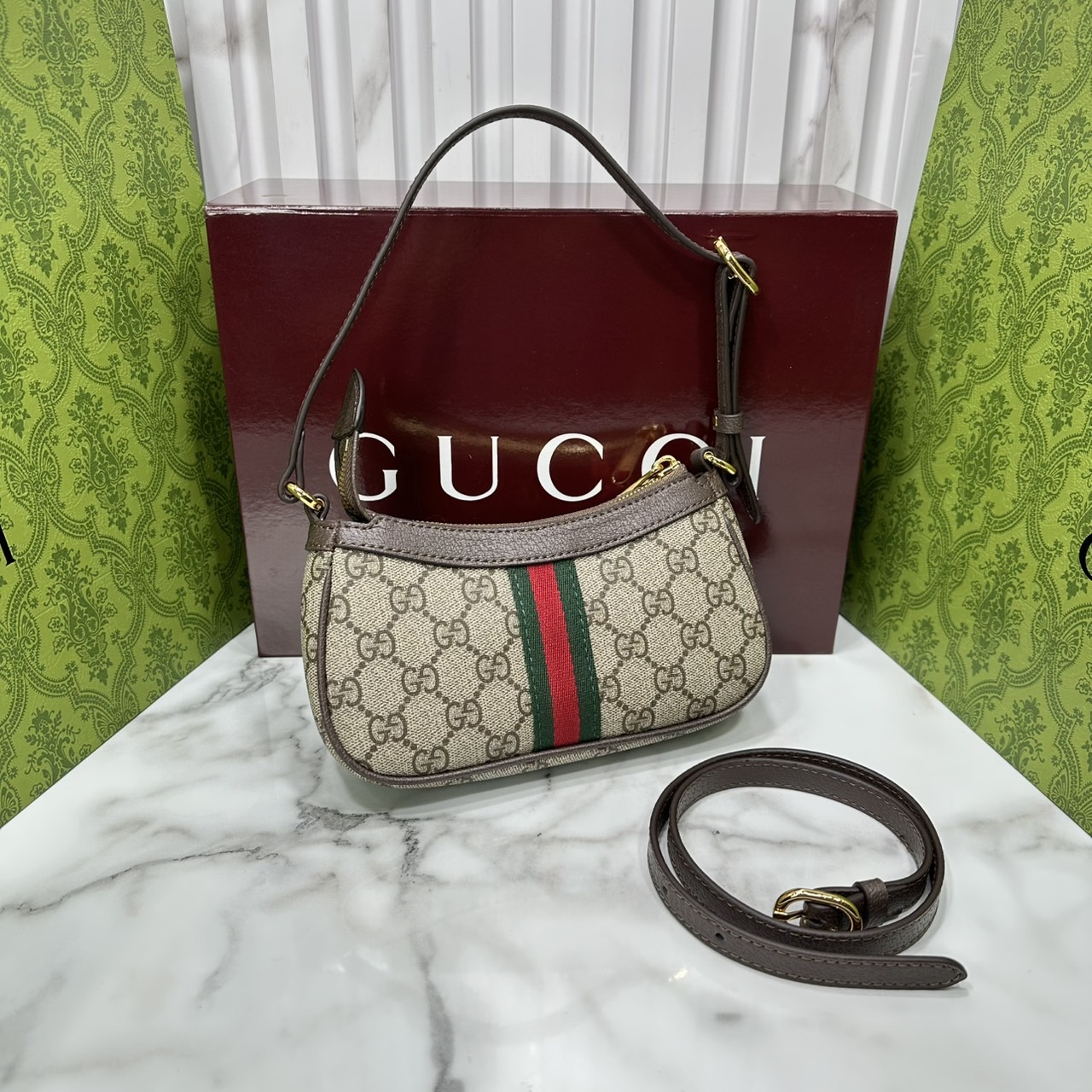 8" ORI หนังแท้ | Gucci Ophidia mini shoulder bag GG Monogram Double G / Gucci Hobo Bag กระเป๋าสะพายทรงโฮโบขนาดมินิ