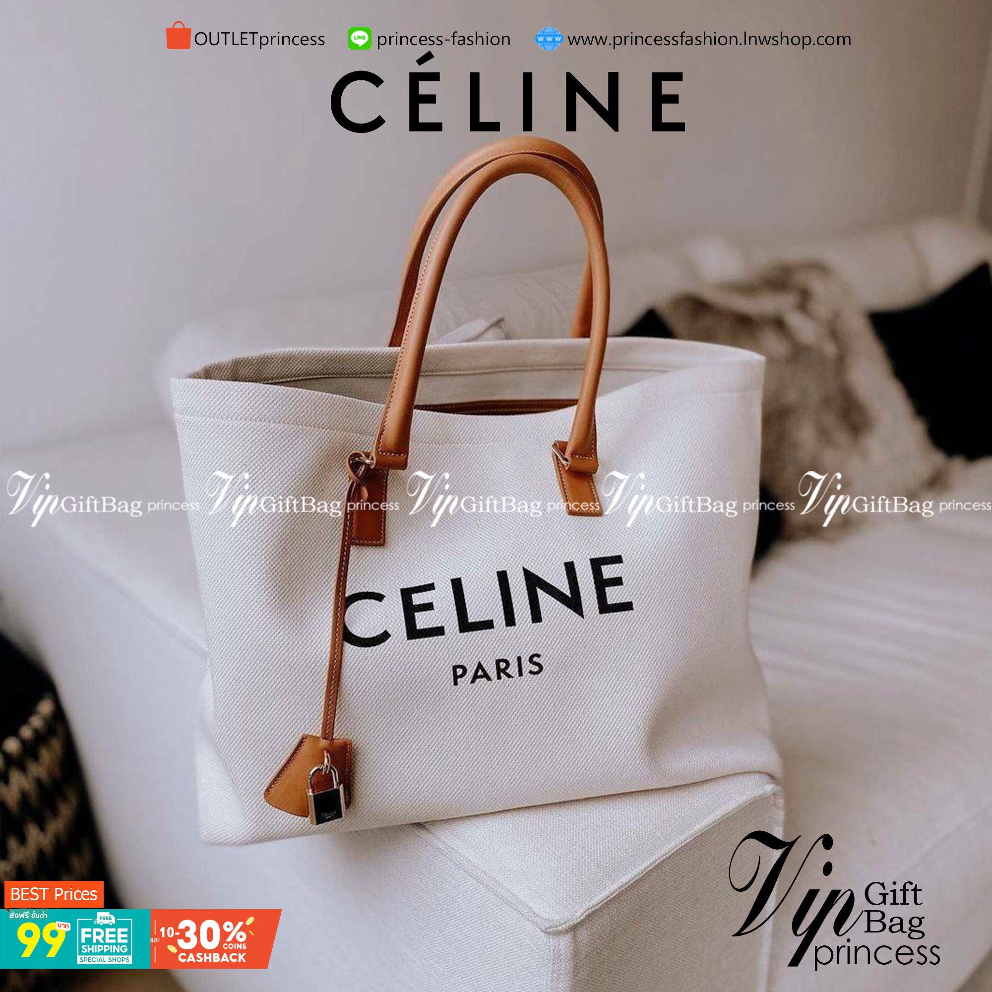 CELINE PHANTOM TOTE BAG VIP GIFT WITH PURCHASE (GWP) พรีเมี่ยมกิ๊ฟ Limited Edition จาก CELINE PERFUME DUTYFREE COUNTER วัสดุ Canvas & Grained cowhide ดีไซน์ทรง Shopping ขนาดใหญ่กำลังดี เนื้อหนาแข็งแรง น้ำหนักเบา โดดเด่นที่ห้อยTagแม่กุญแจอะไหล่ทองสามารถใช้