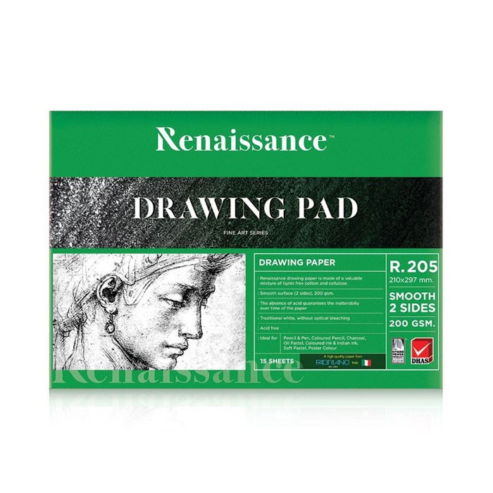 กระดาษวาดเขียน A4 เรนาซองซ์ 200แกรม ผิวเรียบ 2หน้า R205 15ผ. เหมาะสำหรับงานดินสอ, ปากกา, สีหมึก, และงานเขียนลายเส้นต่าง ๆ