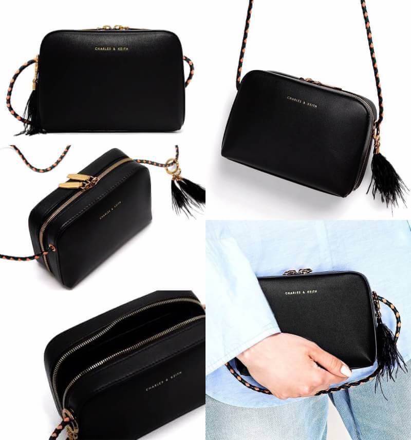 พร้อมส่งอีกครั้งตามคำเรียกร้อง! CHARLES & KEITH DUO-ZIP SLING BAG กระเป๋าสะพายรุ่นชนช็อปหนังสวยอยู่ทรง ด้านหน้าปั๊มโลโก้แบรนด์ประดับพู่ฟรุ้งฟริ้งดูมีดีเทลโดดเด่นที่สายสะพายยาวลวดลายสุดชิค เปิดปิดด้วยซิปหัวซิปปั้มโลโก้ ภายในมีช่องใส่ iphone7+และของจุกจิกได