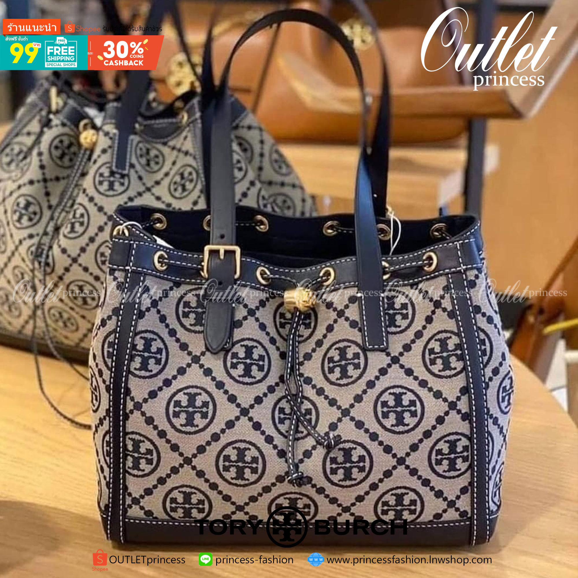 OUTLET Tory Burch T- Monogram Jacquard Small Tote กระเป๋าถือหรือสะพายไหล่ วัสดุ Canvas ปักษ์ลายแบรนด์ อะไหล่ทองสวยหรู น้ำหนักเบา