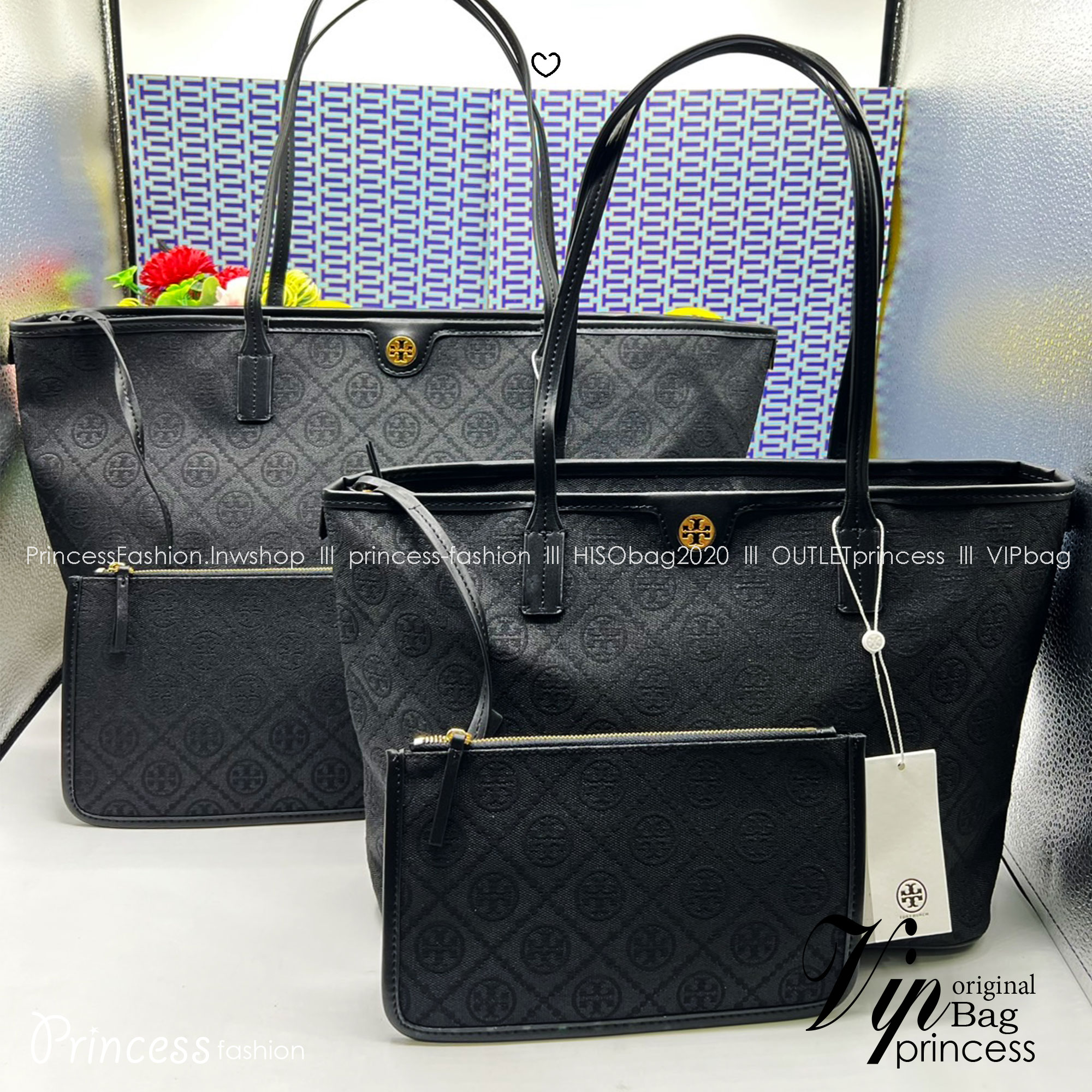 ORI หนังแท้ | Tory Burch T Monogram zip tote bag กระเป๋าทรงโท้ทใบใหญ่ทรงกว้างพร้อมใบเล็กเข้าเซ็ท งานผ้าแจ็คการ์ดตัดขอบหนัง เดอะเบสท์ เซลเลอร์!!