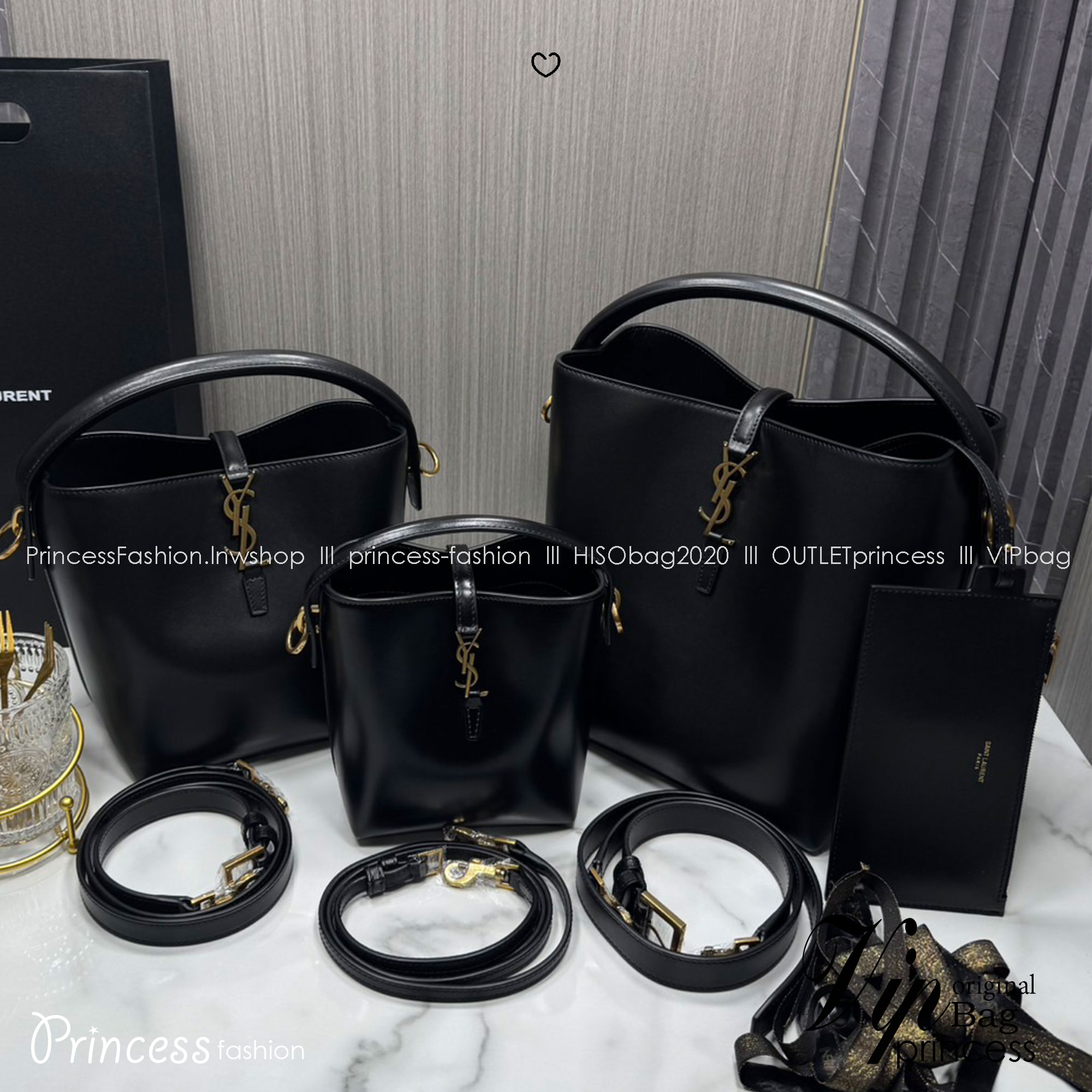 TOP ORI หนังแท้ | YSL Le 37 in shiny leather bag / YSL Bucket Bag กระเป๋าสะพายทรงทรงถัง โดดเด่นด้วยตัวปิดแบบตะขอ Cassandre พร้อมหูจับด้านบน และสายสะพายไหล่แบบปรับได้และถอดออกได้