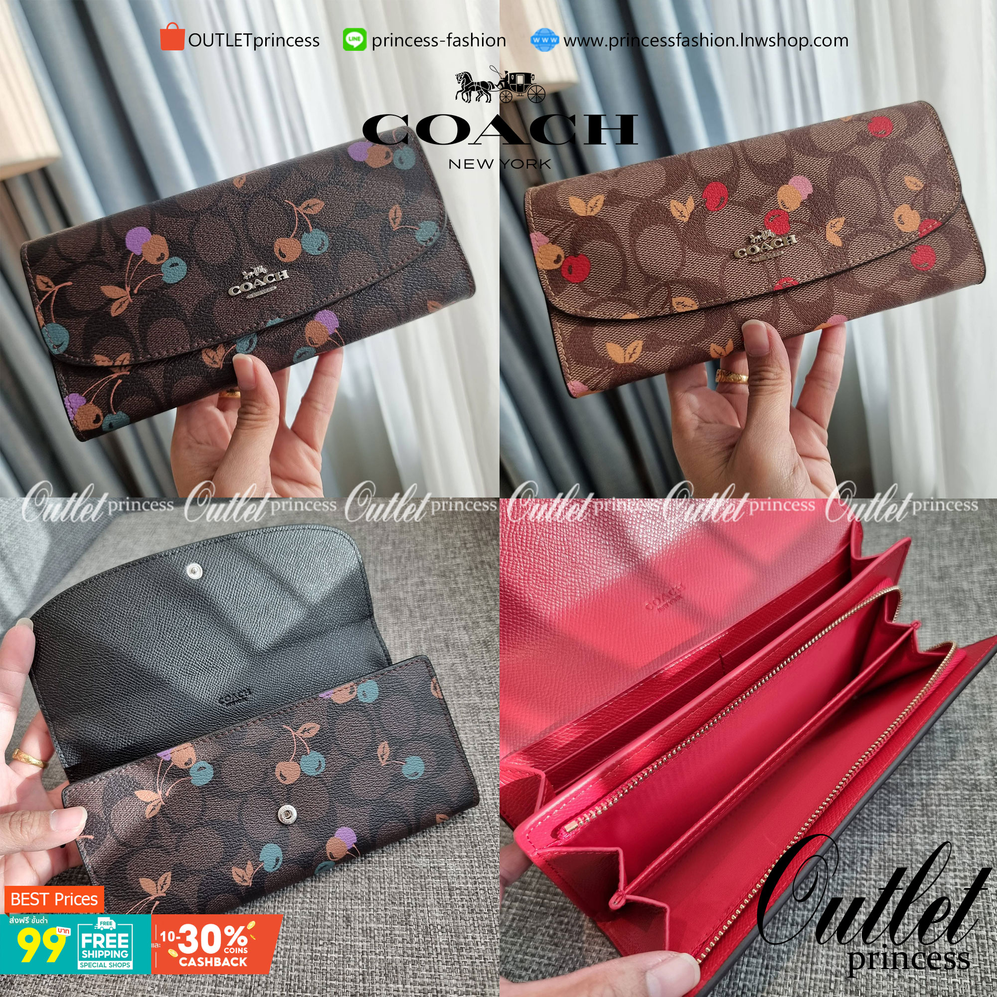 OUTLET 】COACH F31562 SLIM ENVELOPE WALLET IN SIGNATURE CANVAS WITH CHERRY PRINT คอลเลคชั่นใหม่ล่าสุด ต้อนรับนิวเยียร์ไปเลย!! 🍒🎊 กระเป๋าสตางค์รุ่นขายดี ทรงจดหมายรุ่นฝาพับ ดีไซน์ลายเชอร์รี่ น่ารักสดใส วัสดุหนังแคนวาสเคลือบลาย ภายในใส่มือถือไ
