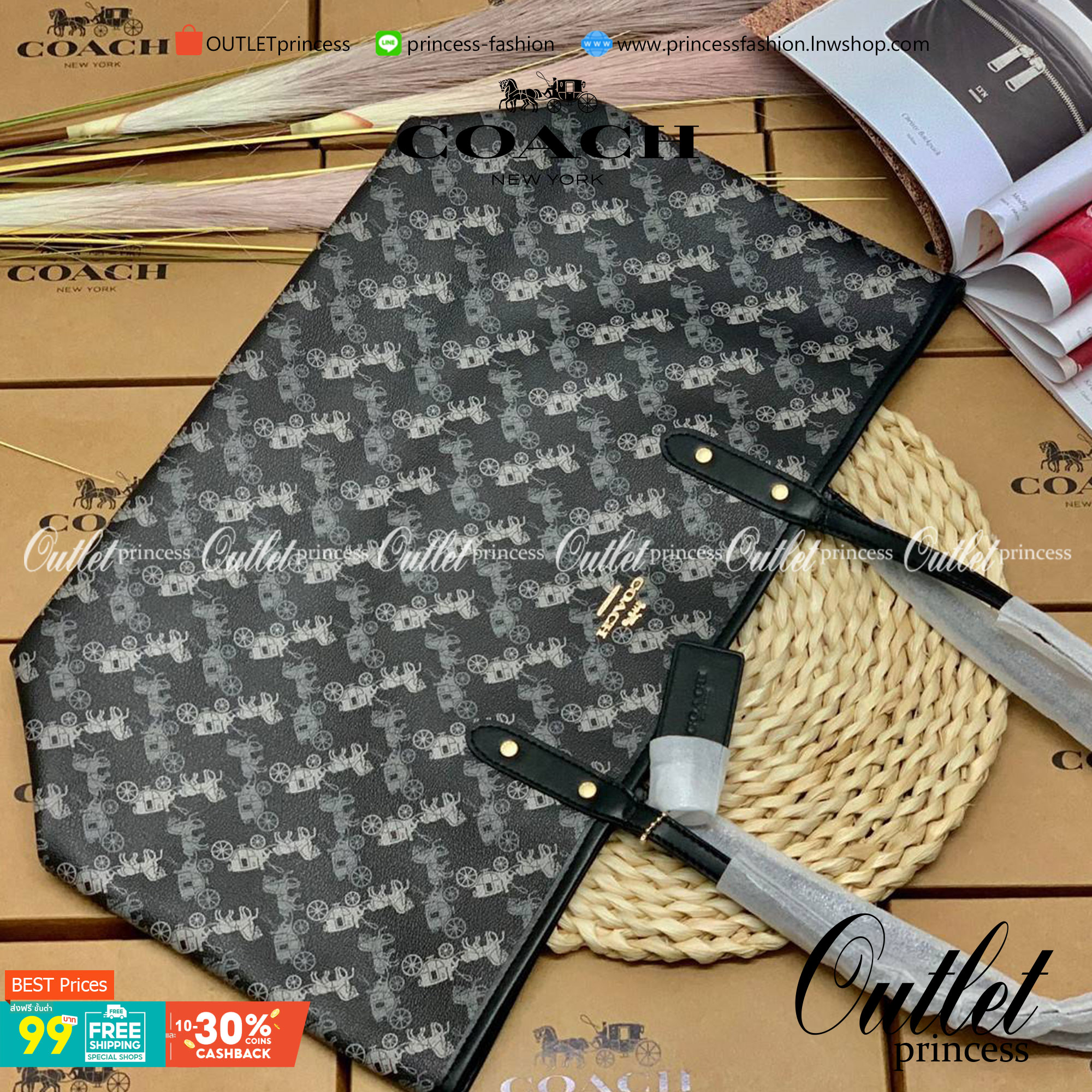 COACH 91107 REVERSIBLE CITY TOTE WITH HORSE AND CARRIAGE PRINT ใช้ได้ 2 ด้าน 🔺ทรง Tote รุ่นแนะนำค่ะ!! วัสดุ pvc อย่างดี นิ่มยวบตัวสวย ลายรถม้าทั้งใบค่ะ (ในไทยหายากค่ะลายนี้) 📌สามารถใช้ได้ทั้งด้านในและด้านนอกนะคะ สวยทั้ง2ด้านเลยทีเดียว เป็น