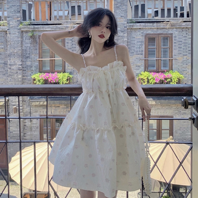 พร้อมส่ง 🎠🎀 Sweet violet dress เดรสสีครีมสกรีนลายดอกกุหลาบสีม่วงแต่งโบว์ (IN37766)
