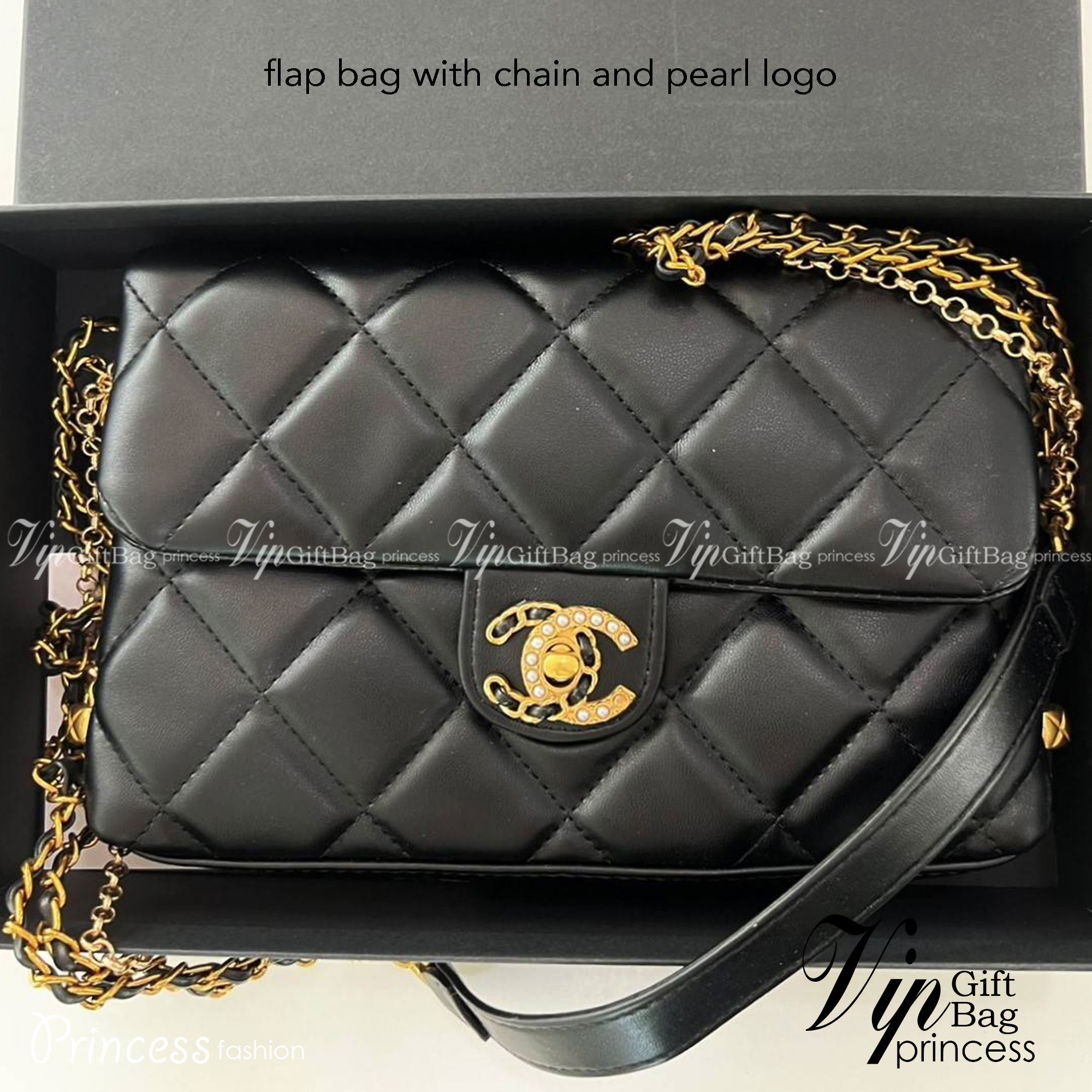 CHANEL flap bag with chain and pearl logo / CHANEL BAG VIP วัสดุหนังแกะสังเคราะห์นุ่ม ลื่น มันเงา อะไหล่ทองหรูหรา