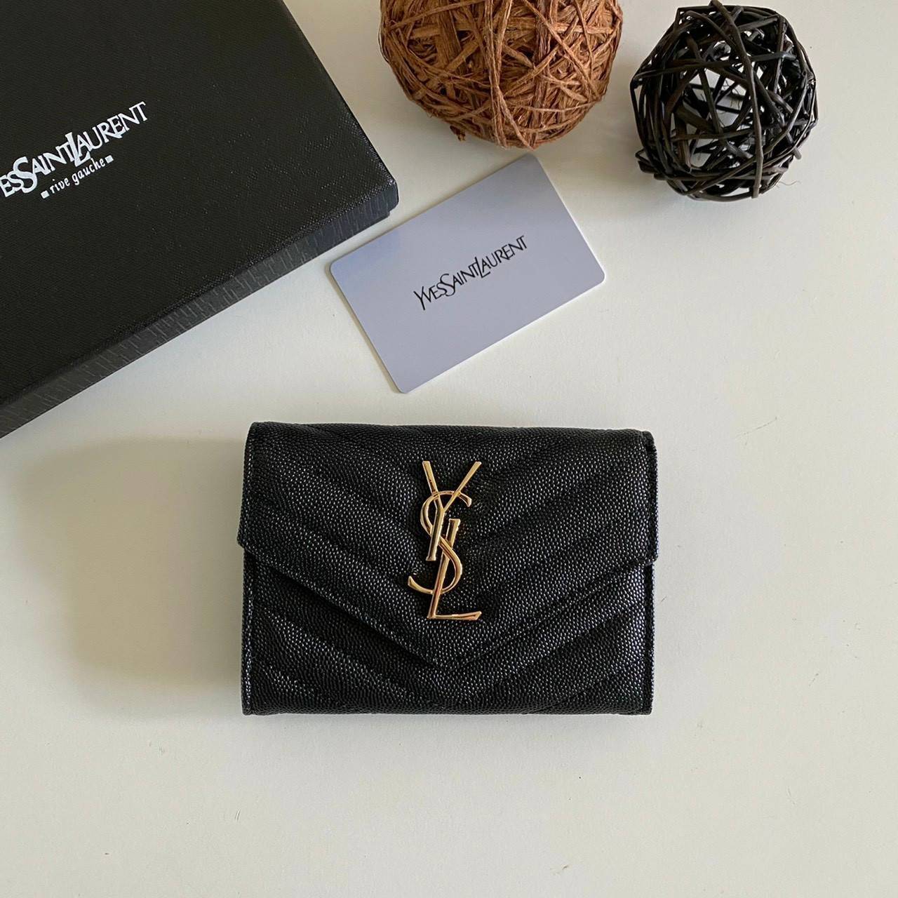 หนังแท้ 12cm YSL SAINT LAURENT GARD HOLDER Small Envelope Monogram Wallet