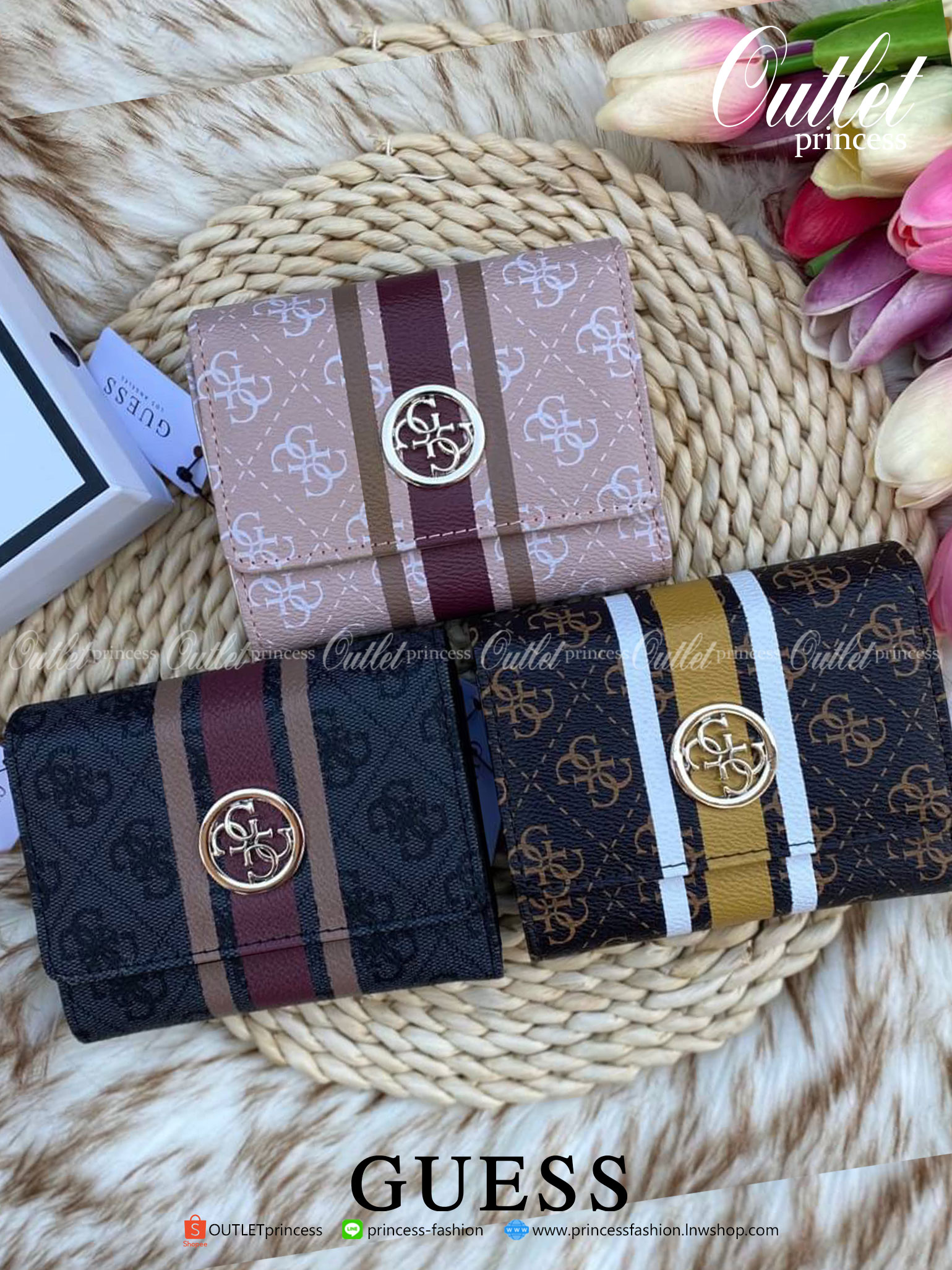 Guess wallet กระเป๋าสตางค์ใบสั้นซิปรอบทั้งใบ หนังลายแบรนด์ทั้งใบด้านหน้าติดโลหะโลโก้แบรนด์ หนังดีงามมาก