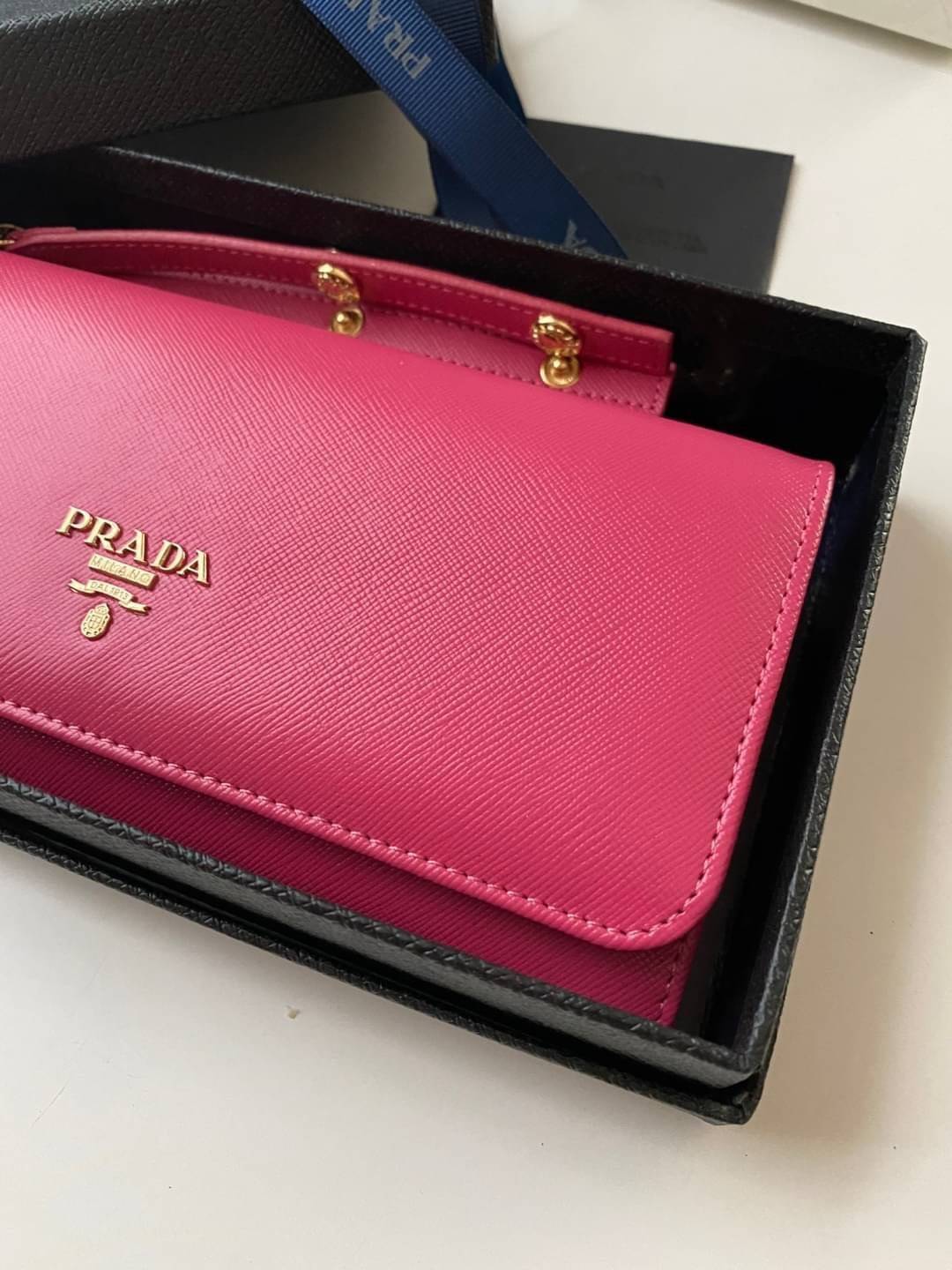 VIP หนังแท้ 】PRADA Saffiano Metal Leather Wallet on Chain Clutch Bag
