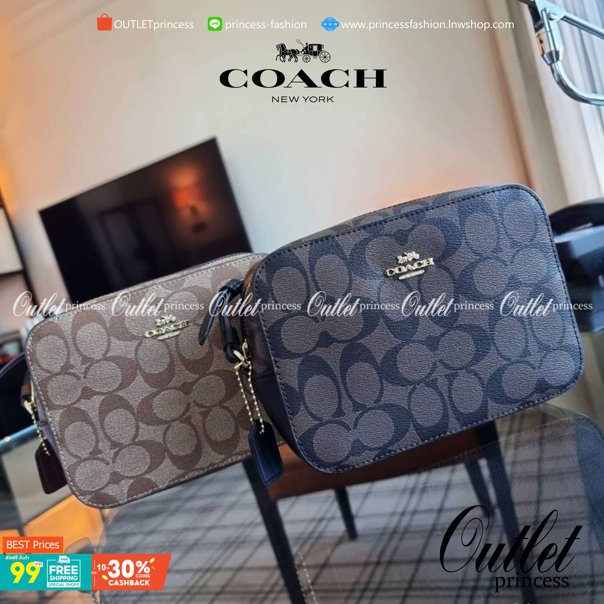 COACH 91677 MINI CAMERA BAG IN SIGNATURE CANVAS ขายดีที่สุด!! กระเป๋าสะพายข้างไซส์มินิ คลาสสิคอยู่ทรง อะไหล่ทองตัดดูหรู วัสดุหนังแคนวาสเคลือบลาย เปิด-ปิดด้วยซิป สายสะพายปรับได้ตามตัว ใบนี้แมทช์ได้ทุกลุค ใช้เป็น everyday bag ได้สบายๆเลยจ้า