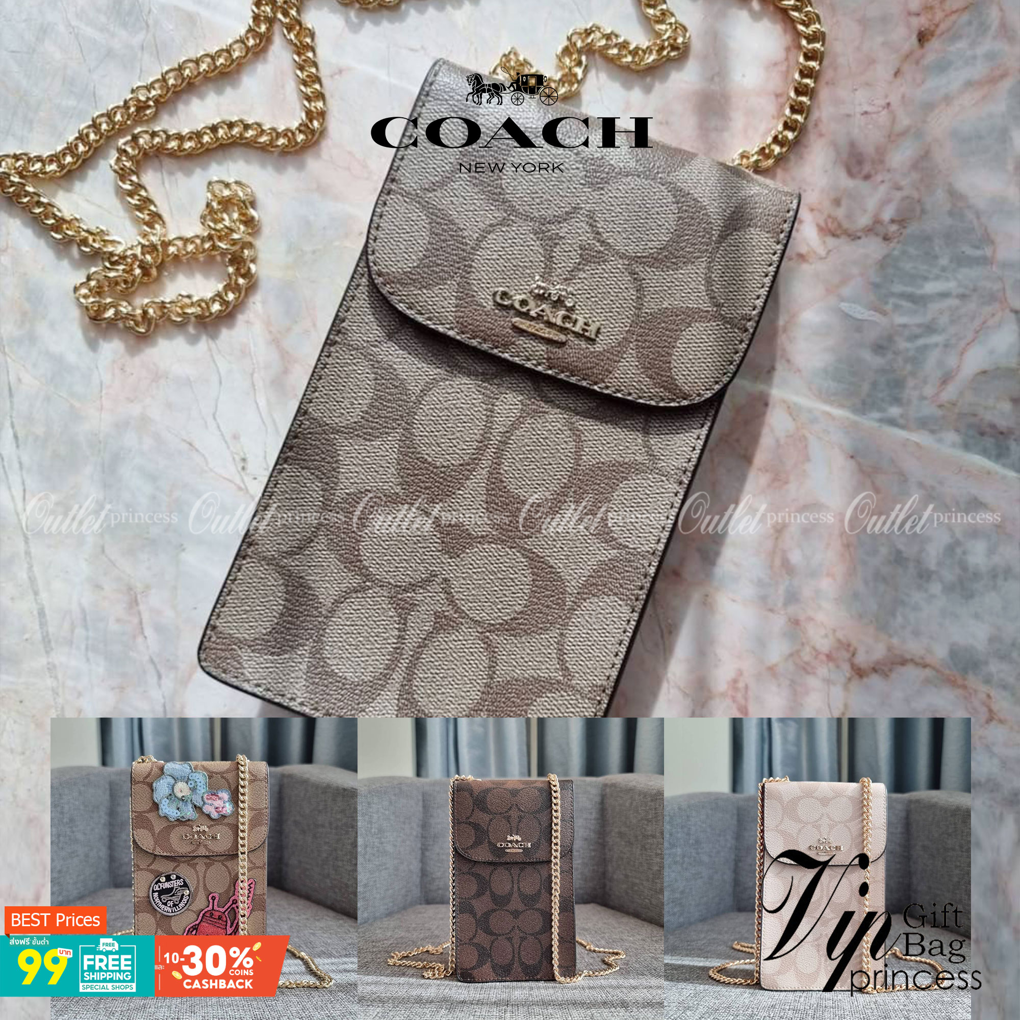 COACH NORTH/SOUTH PHONE CROSSBODY IN SIGNATURE CANVAS F55636 F39955 สุดคลาสสิคกับกระเป๋าสะพายเอนกประสงค์ Case phone ใส่โทรศัพท์มือถือได้ทุกรุ่น ดีไซน์ลายเอกลักษณ์ วัสดุหนังแคนวาสเคลือบลาย ฝาและภายในเป็นหนังสังเคราะห์เรียบ เปิด-ปิดด้วยกระดุม สายสะพายยาวประ