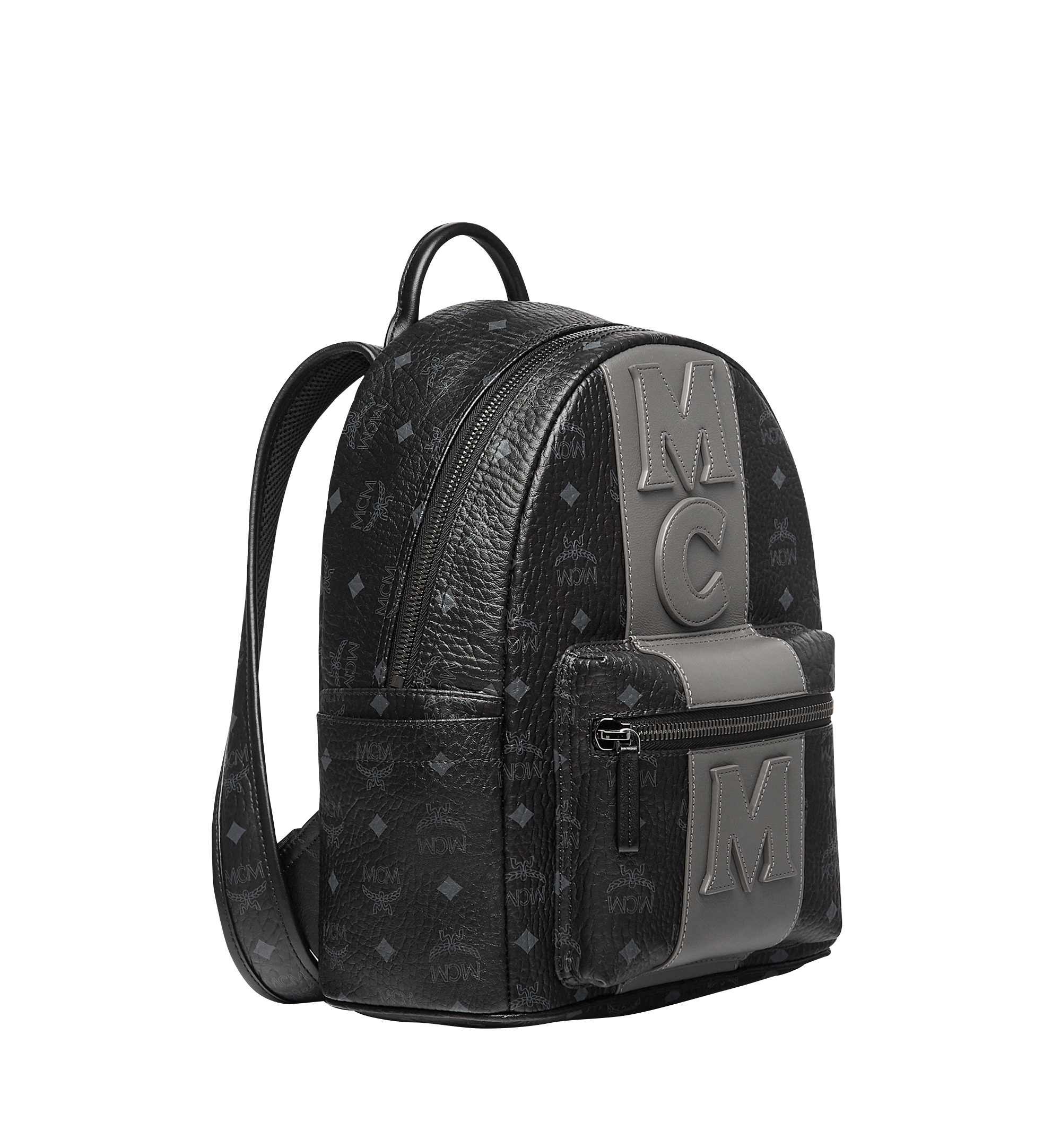 M.C.M Stark Logo Stripe Backpack in Visetos เป้หนังแท้ ขนาดสะพายกำลังสวย ใช้ได้ทั้งหญิงชาย สีเทาดำสุดคลาสสิค ใช้งานได้บ่อยหลายโอกาส