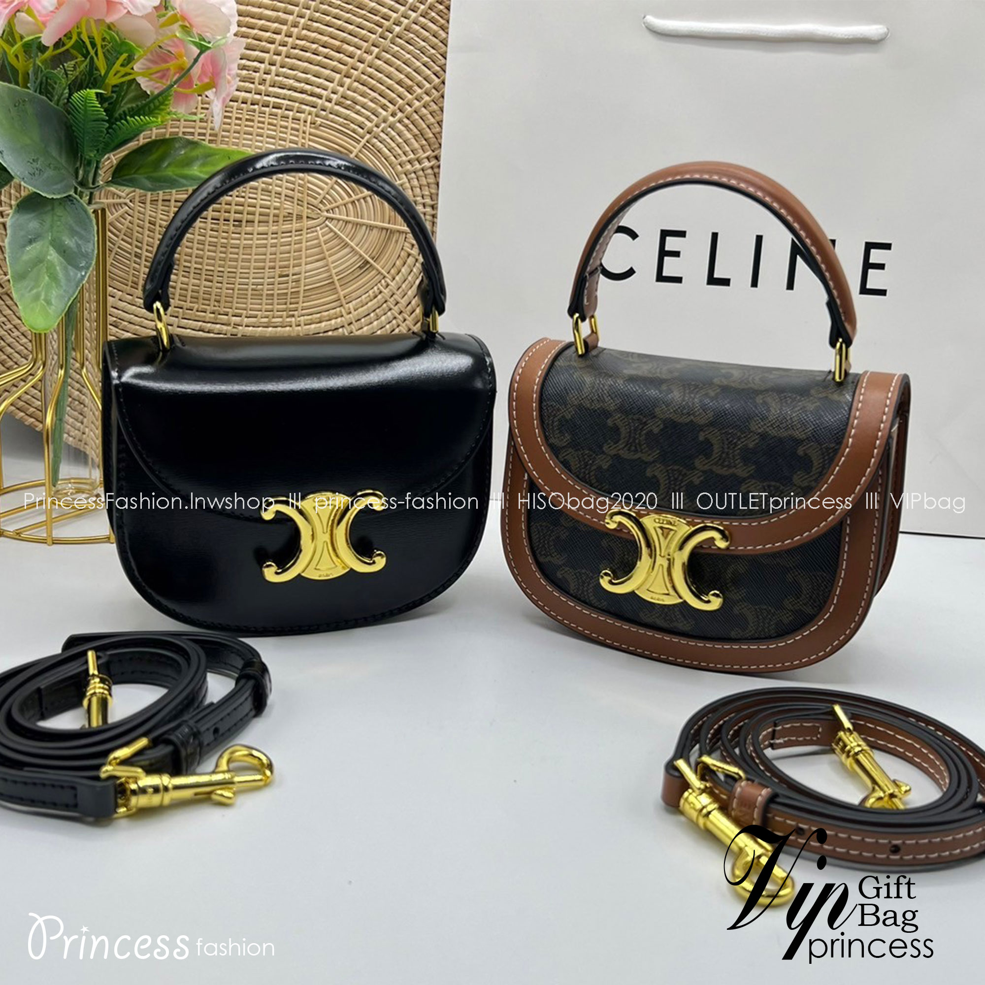 CELINE Mini besace triomphe in shiny top handle กระเป๋าสะพายคาดลำตัวพร้อมหูจับถนัดมือ น่ารักมาก รุ่นใหม่ล่าสุด
