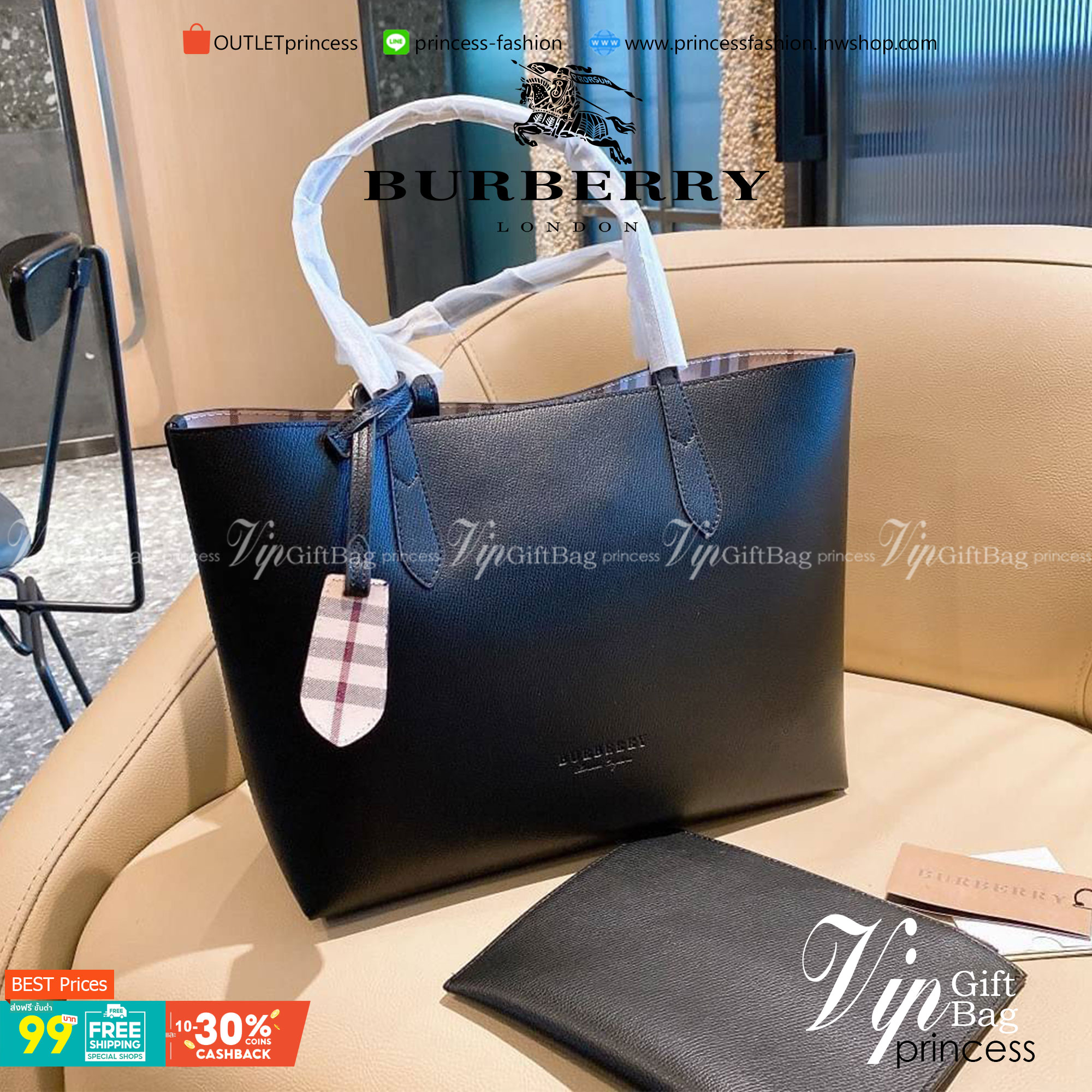 BURBERRY Leather Haymarket Check Medium Reversible Tote Bag กระเป๋าสะพายไหล่ทรงช้อปปิ้ง ทรงคลาสสิค ฮิตตลอดกาล ทรงสวยขนาดกำลังดี ตัวกระเป๋า วัสดุหนัง Pu ด้านหน้าติดโลโก้แบรนด์ ด้านในเป็นลายแรนด์ **สามารถใช้ได้ทั้ง2ฝั่ง ประดับด้วยป้ายแท็คหนัง ภายในช่องหลัก 
