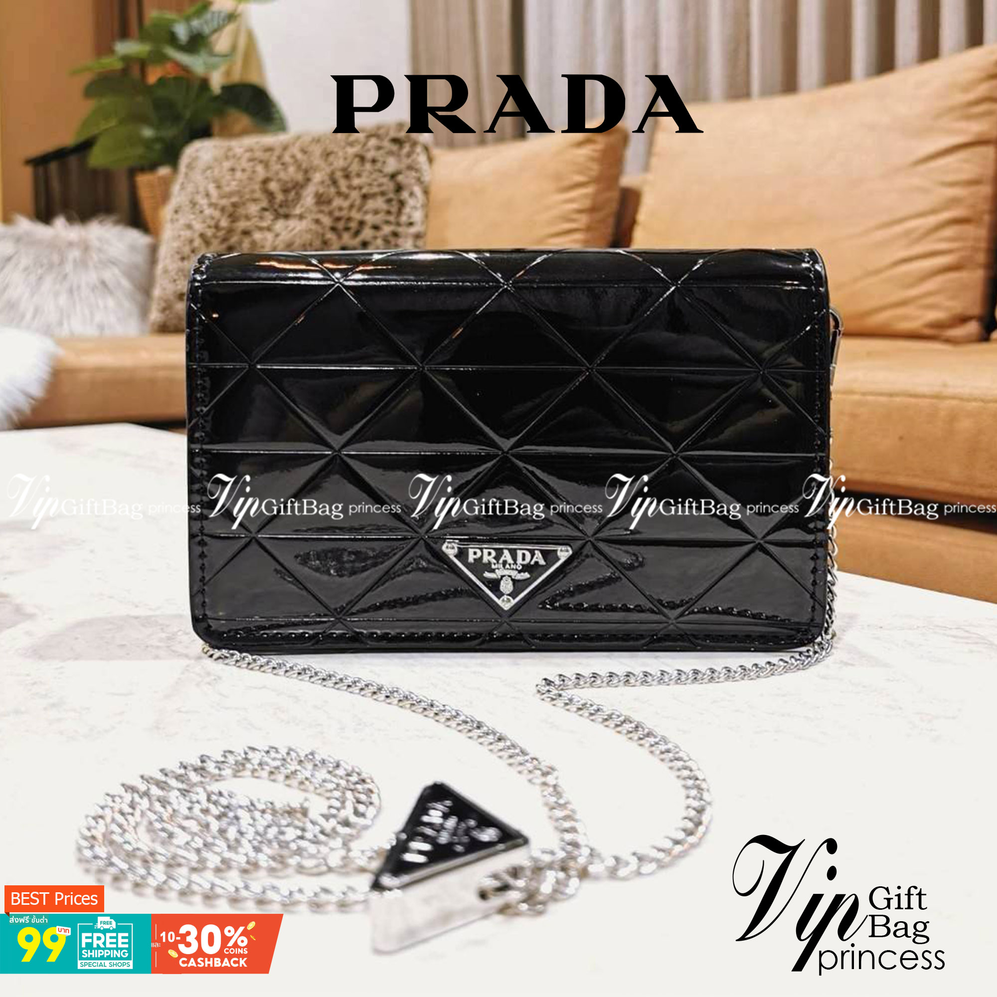 PRADA CLUTCH BAG WITH CARD HOLDER VIPGIFT WITH PURCHASE พรีเมี่ยมกิ้ฟรุ่น Limited จาก DUTYFREE สวยหรูดูดีสุดคุ้มมากๆได้ทั้งกระเป๋าสะพายทรงคลัชพร้อมสายโซ่แบรนด์ + กระเป๋า Card Holder ใส่นามบัตรครบชุดไอเท็มใหม่ล่าสุดน่าใช้น่าสะสม สินค้ามาพร้อมกล่องแบรนด์ Du