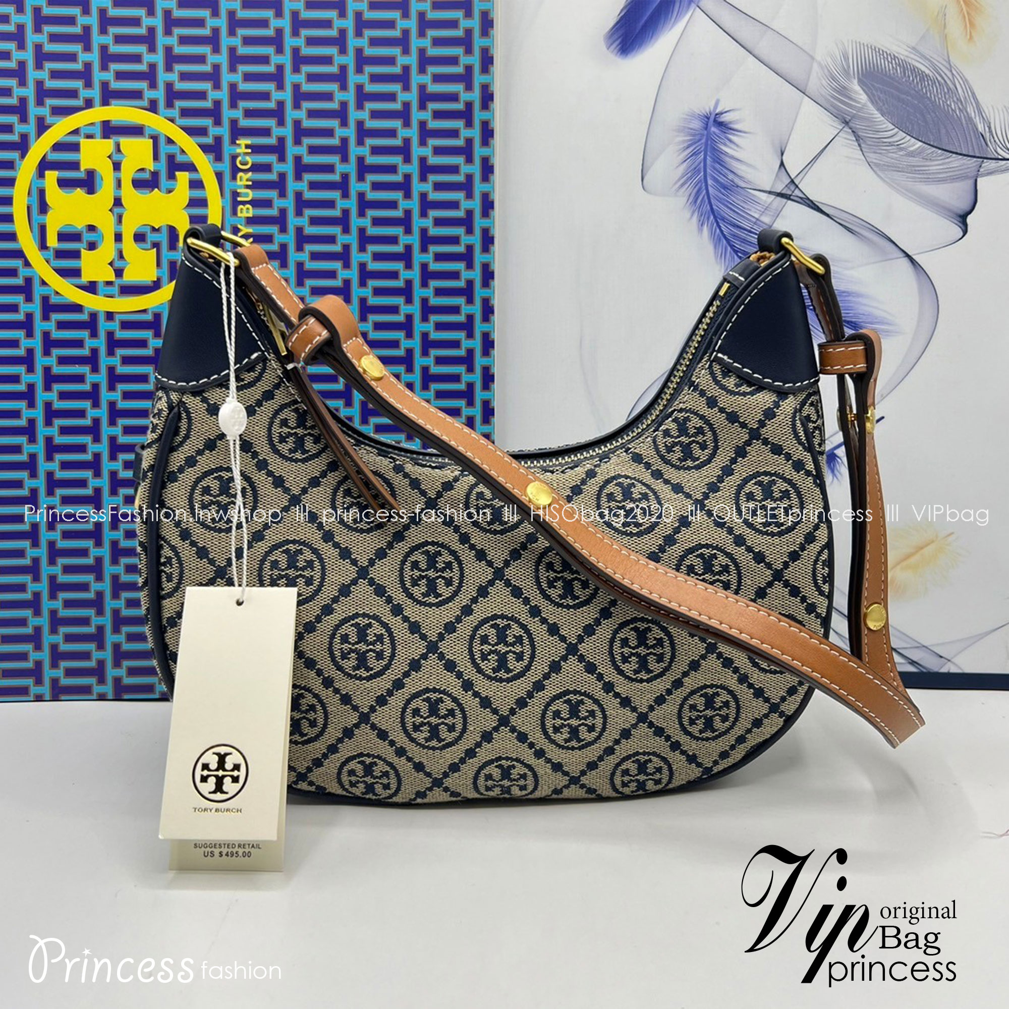 Tory Burch T Monogram Raffia Crescent Bag กระเป๋าสะพายโฮโบ ดีไซน์ทันสมัย เกรดออริ สลับแท้ 1:1 ใช้งานต่างประเทศได้